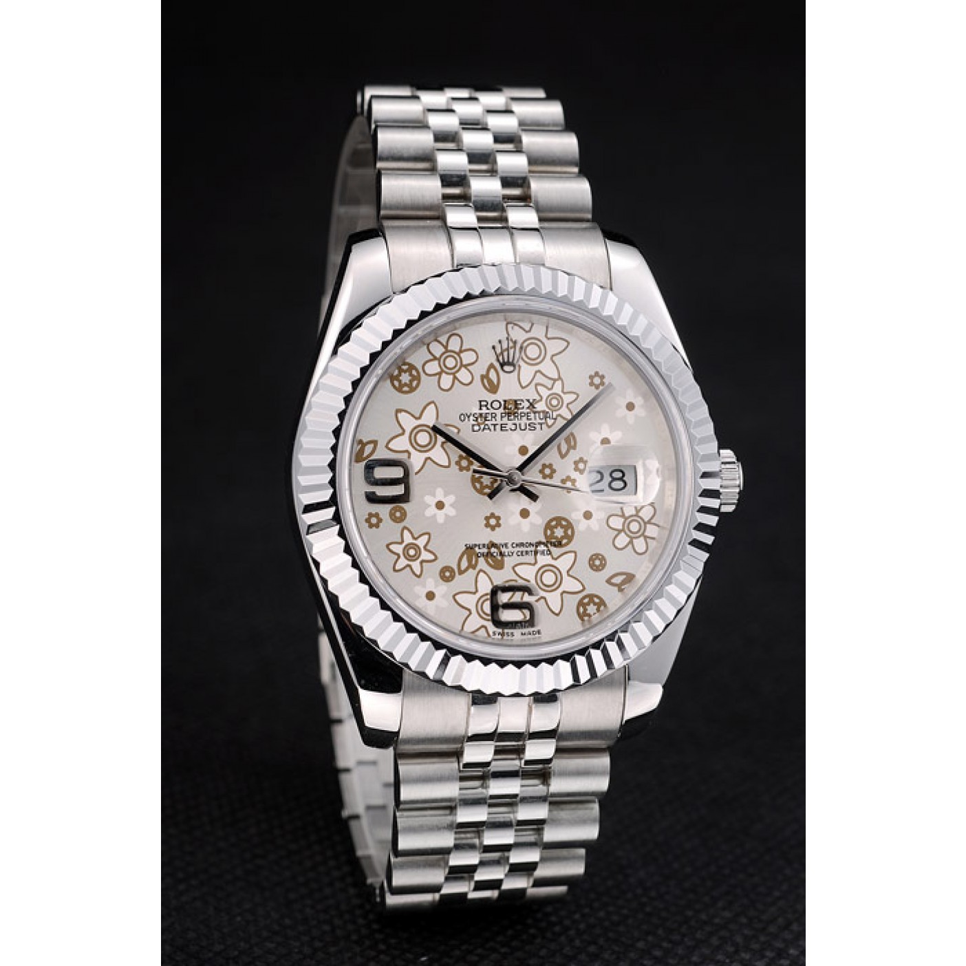 Rolex DateJust Stainless Steel Ribbed Bezel Flower Silver Dial 41983