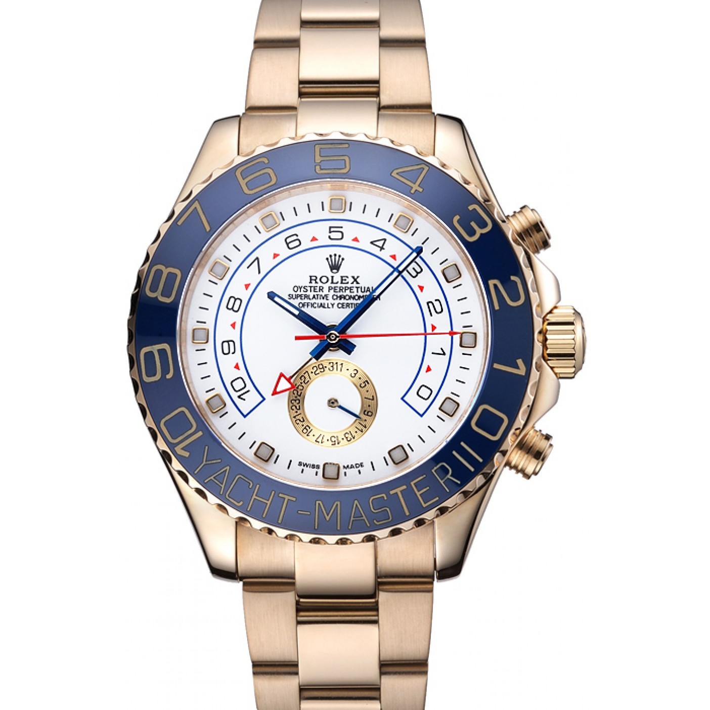 RepTime Watches Rolex Yachtmaster II White Dial Blue Bezel Gold Bracelet 622271