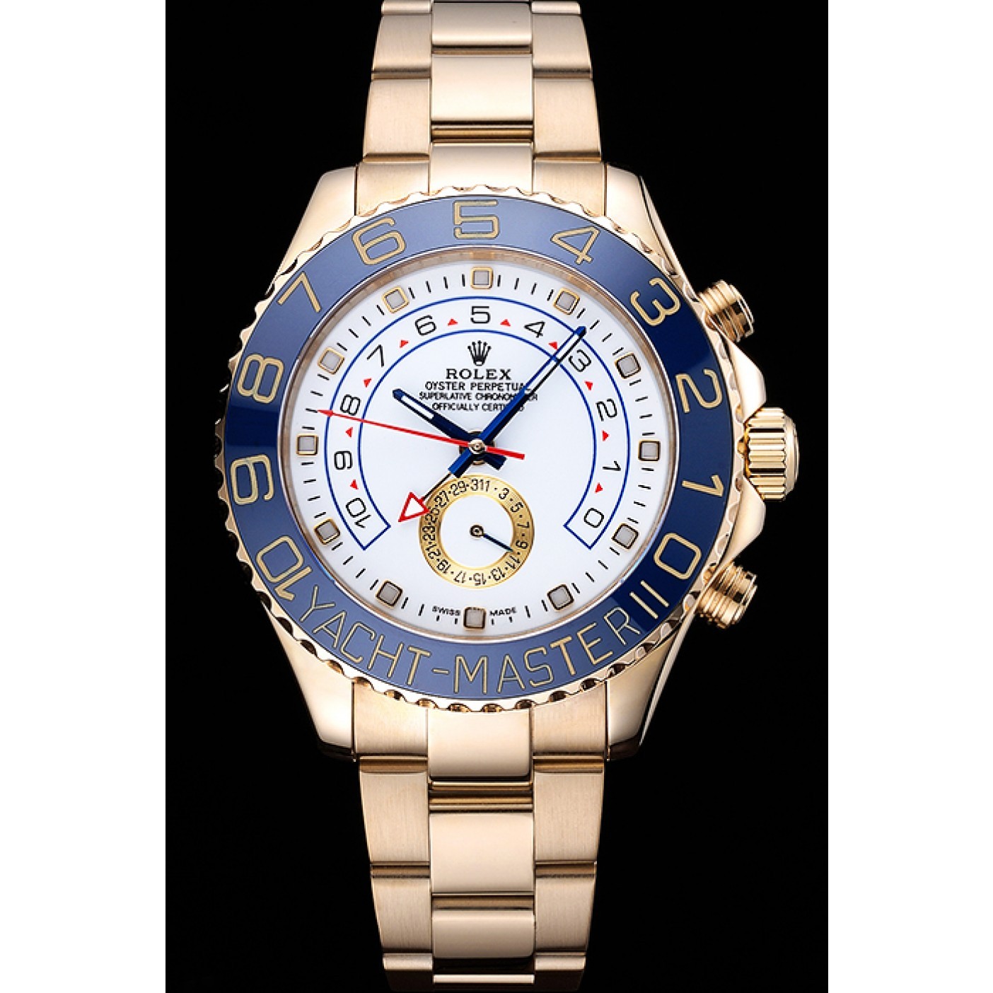 RepTime Watches Rolex Yachtmaster II White Dial Blue Bezel Gold Bracelet 622271