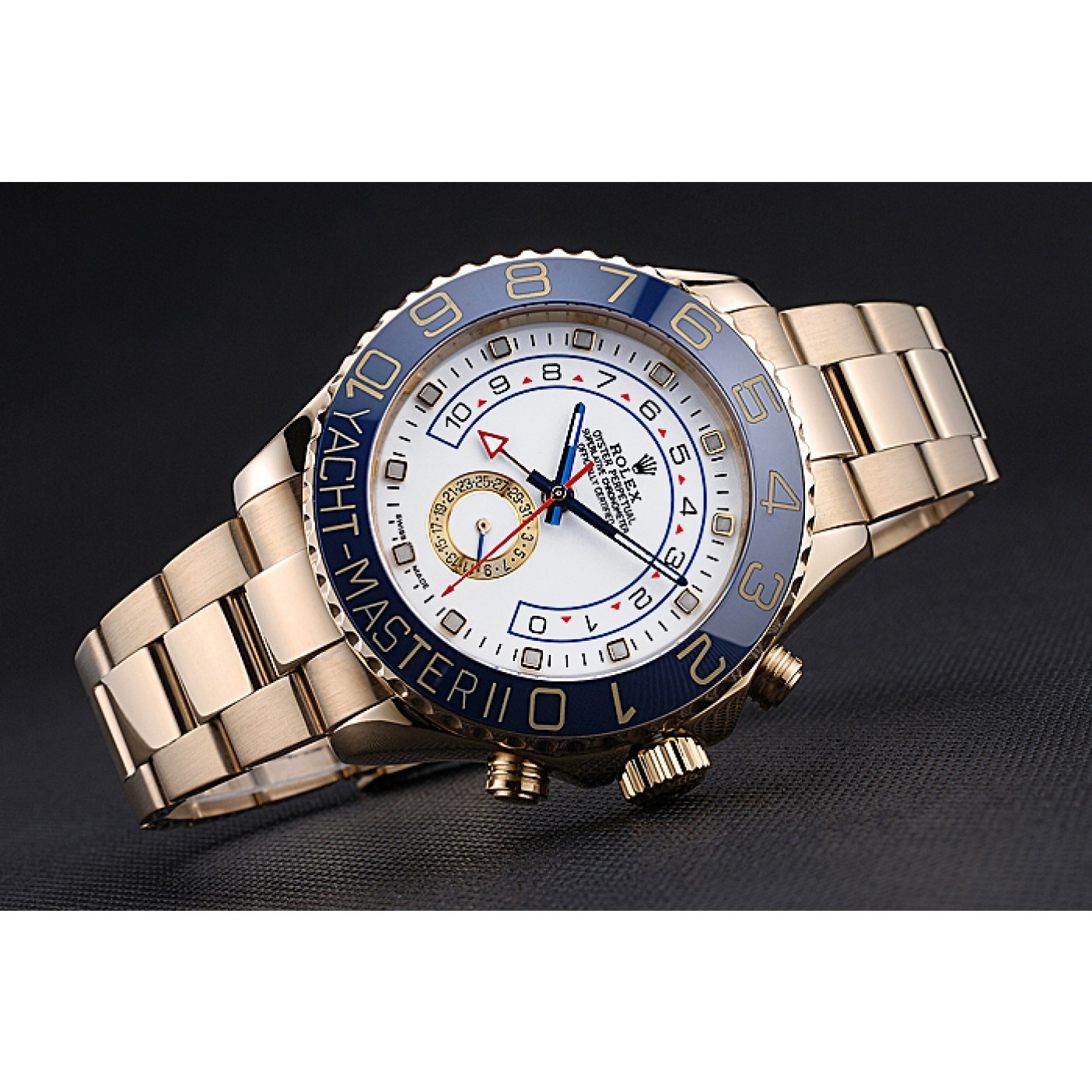 RepTime Watches Rolex Yachtmaster II White Dial Blue Bezel Gold Bracelet 622271