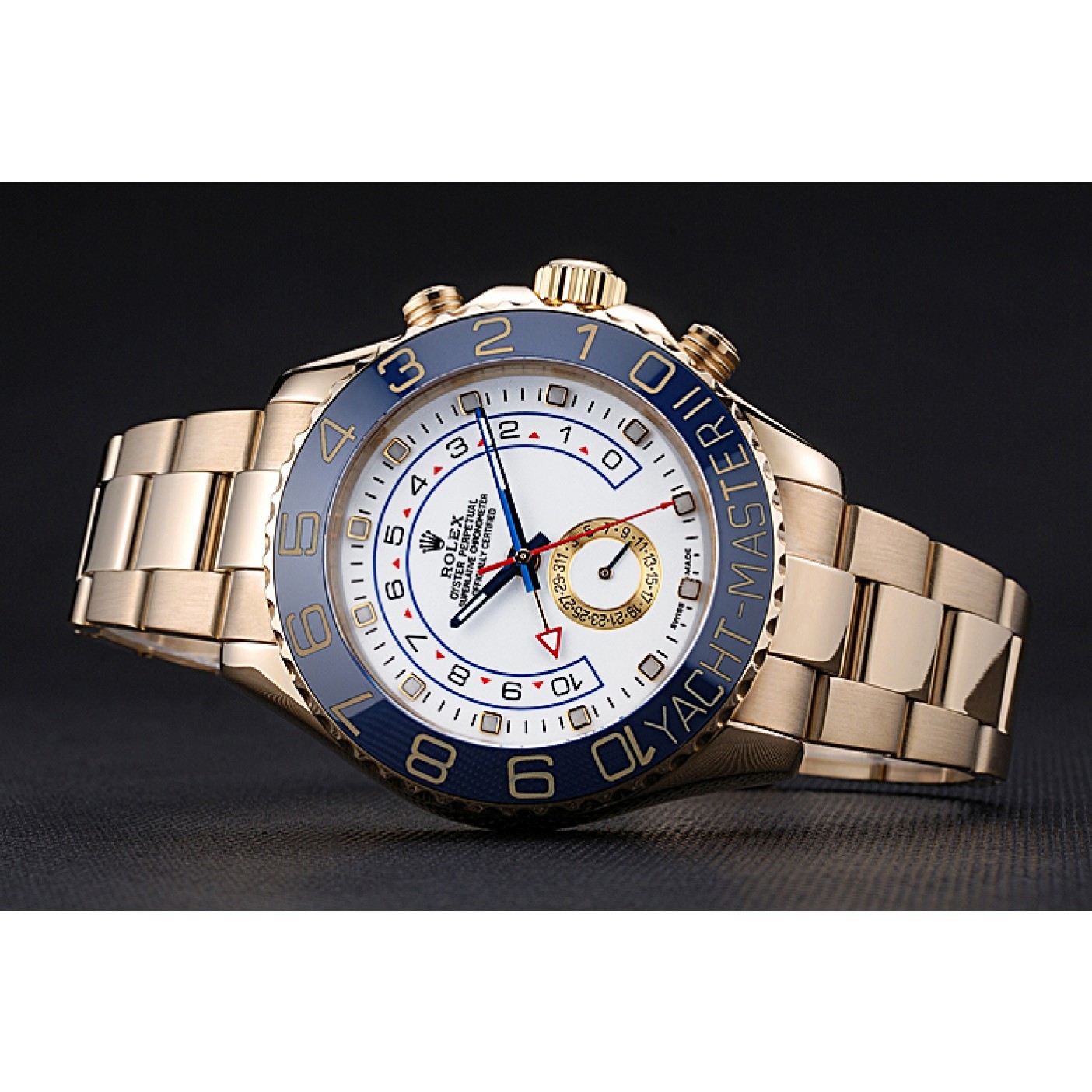 RepTime Watches Rolex Yachtmaster II White Dial Blue Bezel Gold Bracelet 622271