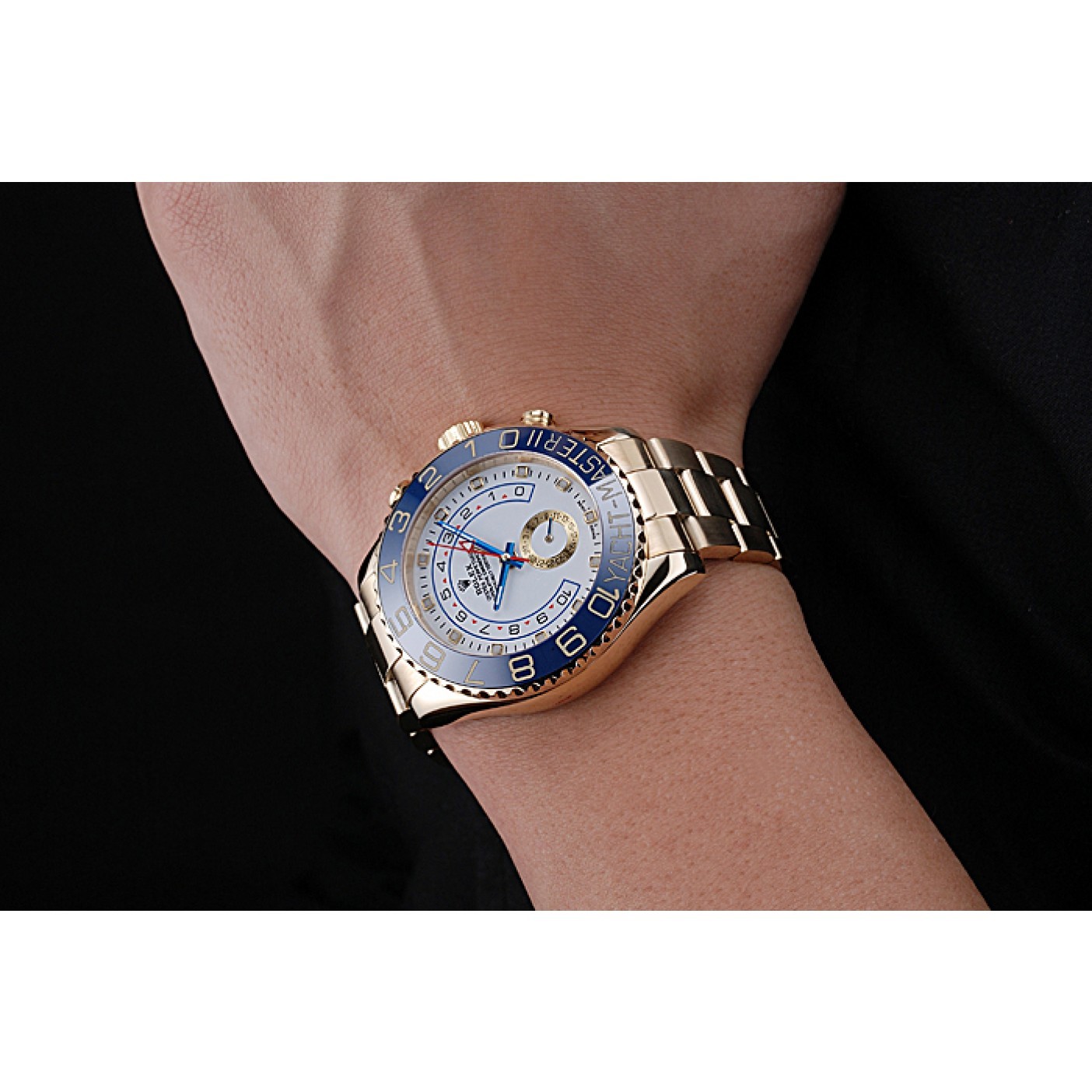 RepTime Watches Rolex Yachtmaster II White Dial Blue Bezel Gold Bracelet 622271