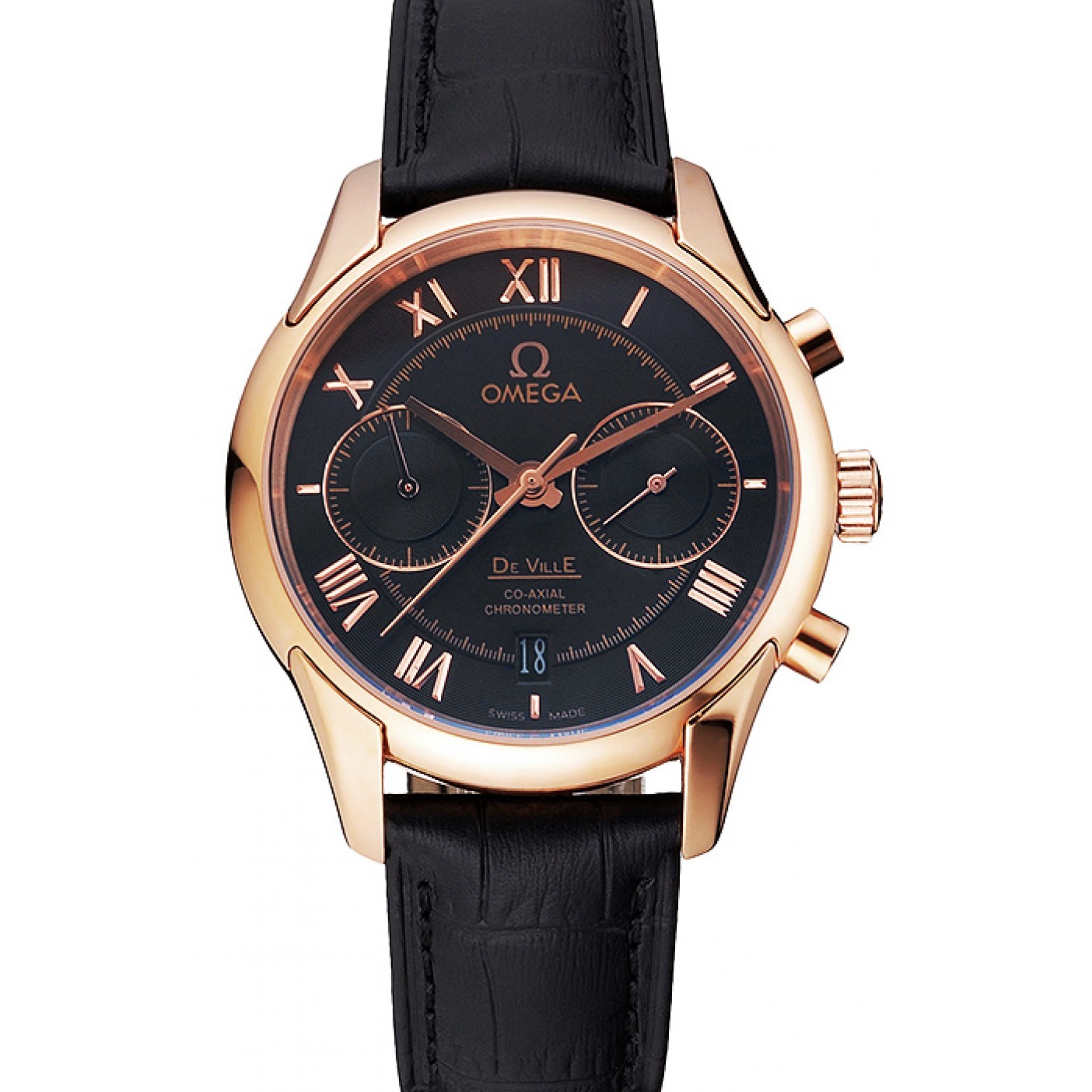 Omega DeVille Rose Gold Bezel with Black Dial and Black Leather Strap 621569