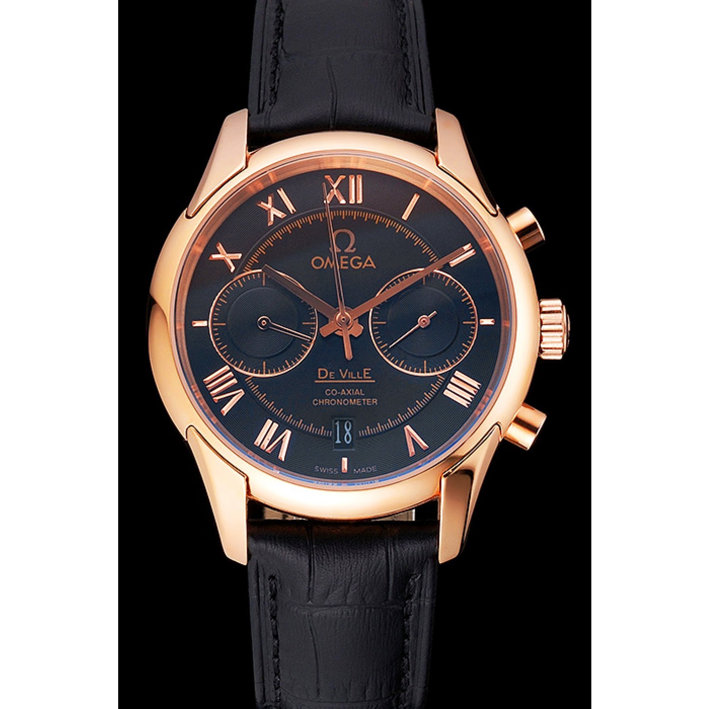 Omega DeVille Rose Gold Bezel with Black Dial and Black Leather Strap 621569