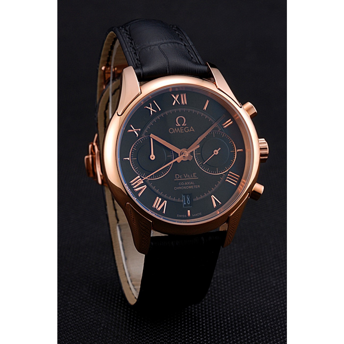 Omega DeVille Rose Gold Bezel with Black Dial and Black Leather Strap 621569