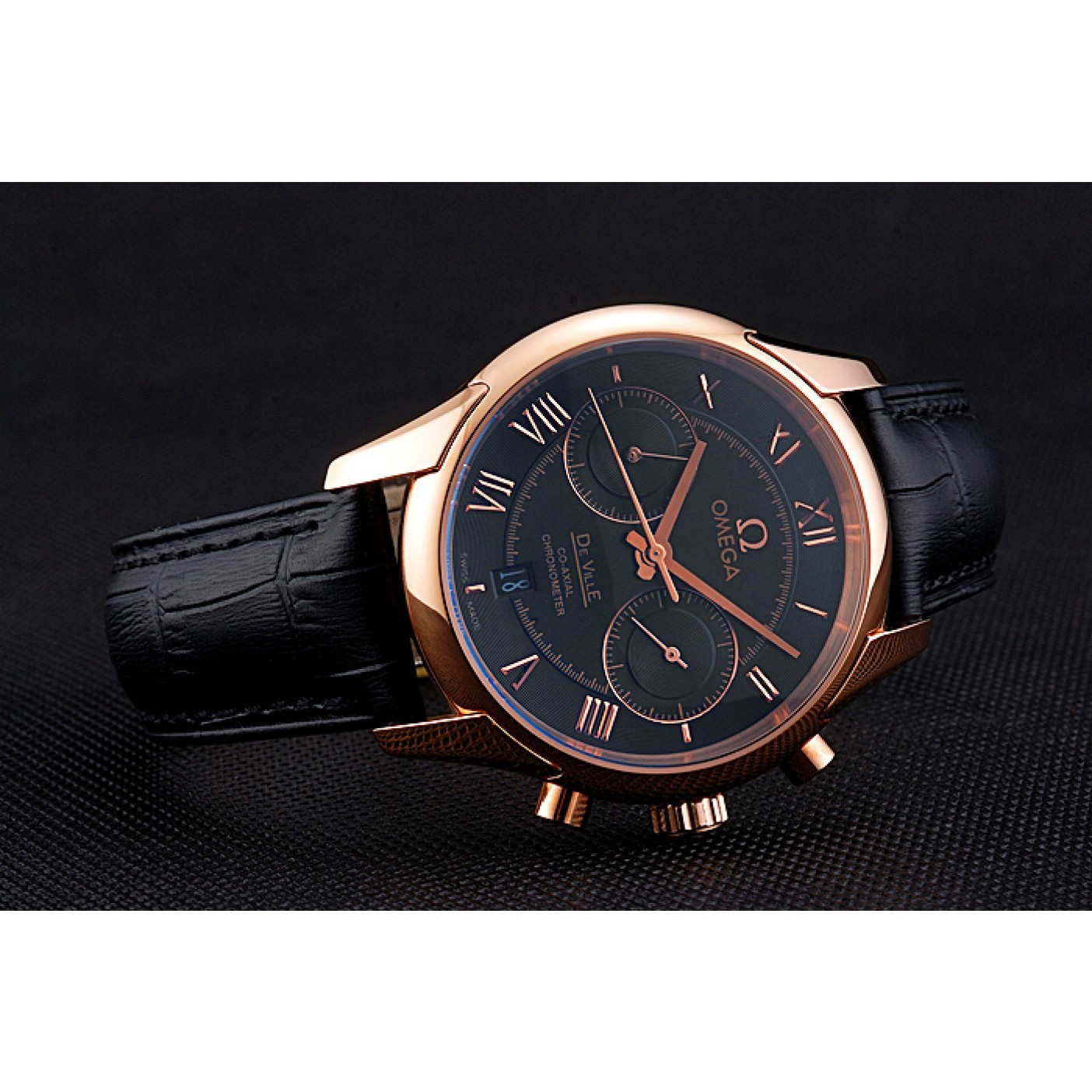 Omega DeVille Rose Gold Bezel with Black Dial and Black Leather Strap 621569