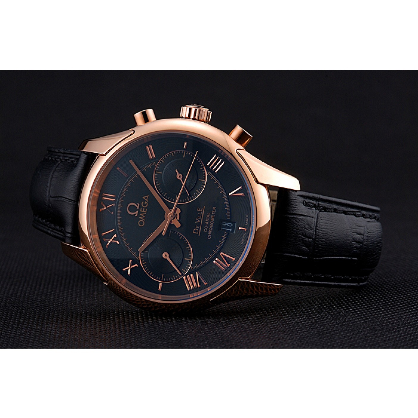 Omega DeVille Rose Gold Bezel with Black Dial and Black Leather Strap 621569