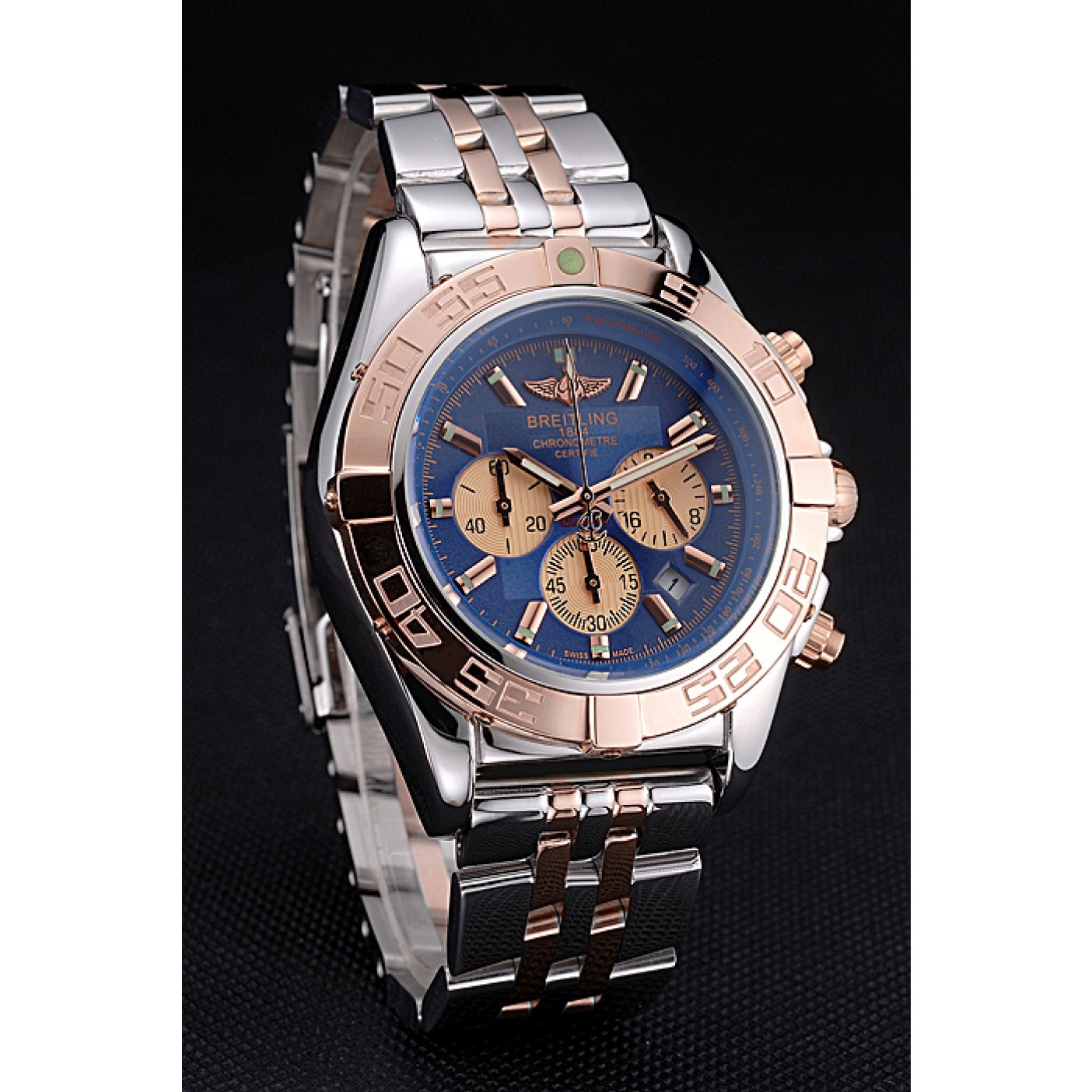 Breitling Chronomat Blue Dial Rose Gold Bezel And Subdials Stainless Steel Case Two Tone Bracelet