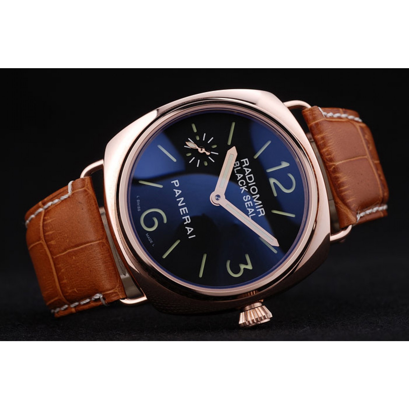 Panerai Radiomir Black Seal Black Dial Rose Gold Case Brown Leather Bracelet