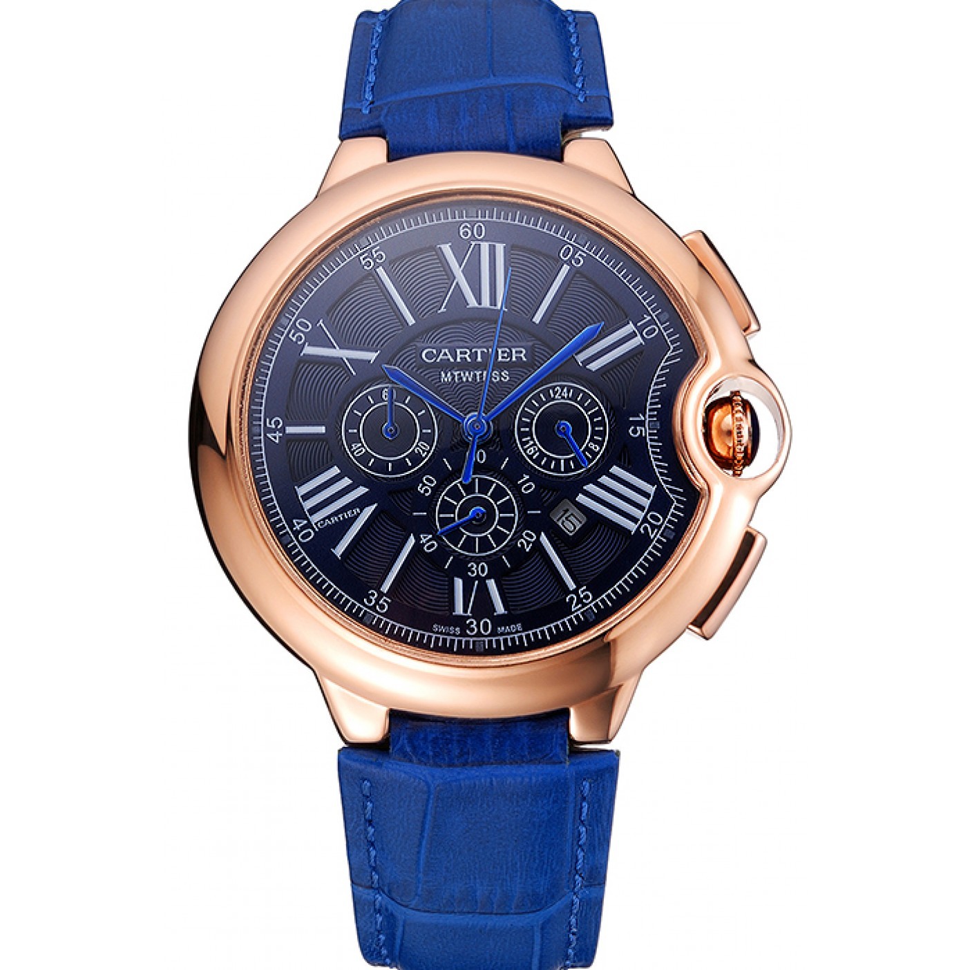 Cartier Ballon Bleu Blue Dial Gold Case Blue Leather Strap