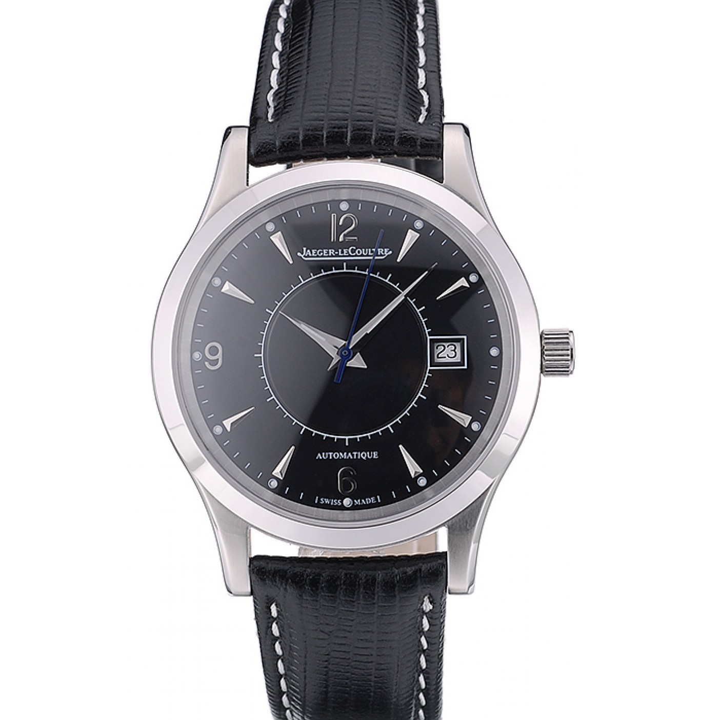 Jaeger Le Coultre Swiss Master Control Stainless Steel Bezel Black Leather Strap 7593