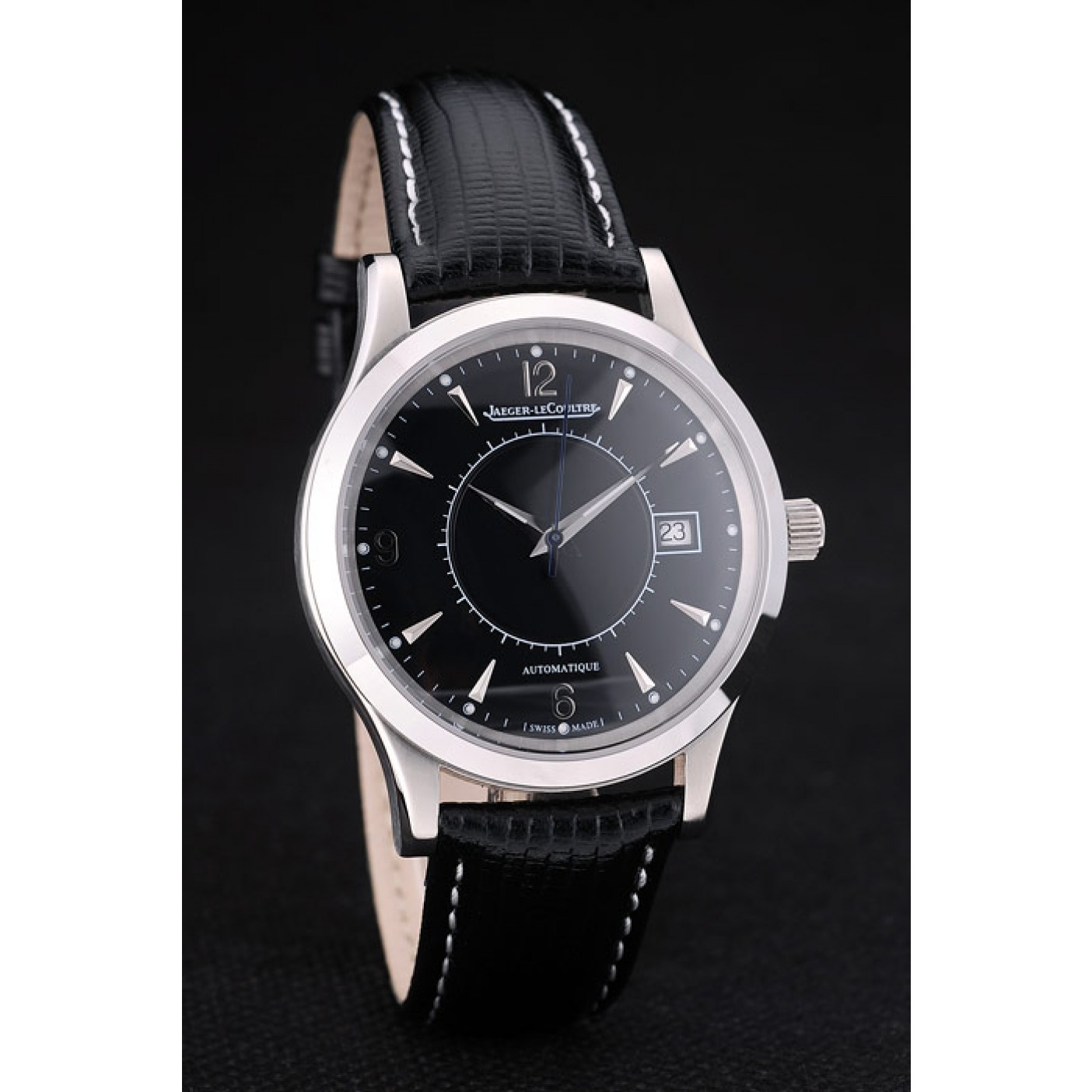 Jaeger Le Coultre Swiss Master Control Stainless Steel Bezel Black Leather Strap 7593