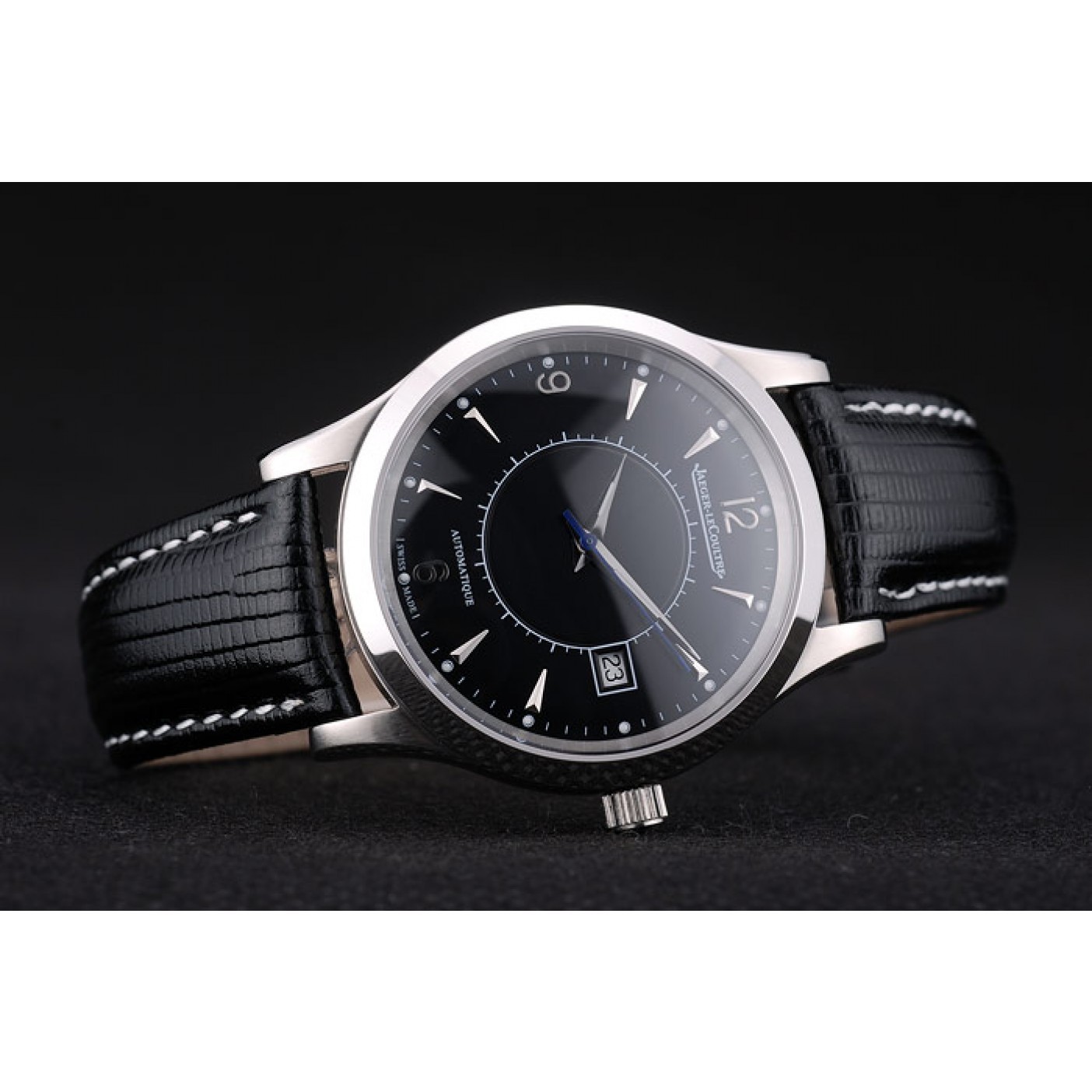 Jaeger Le Coultre Swiss Master Control Stainless Steel Bezel Black Leather Strap 7593