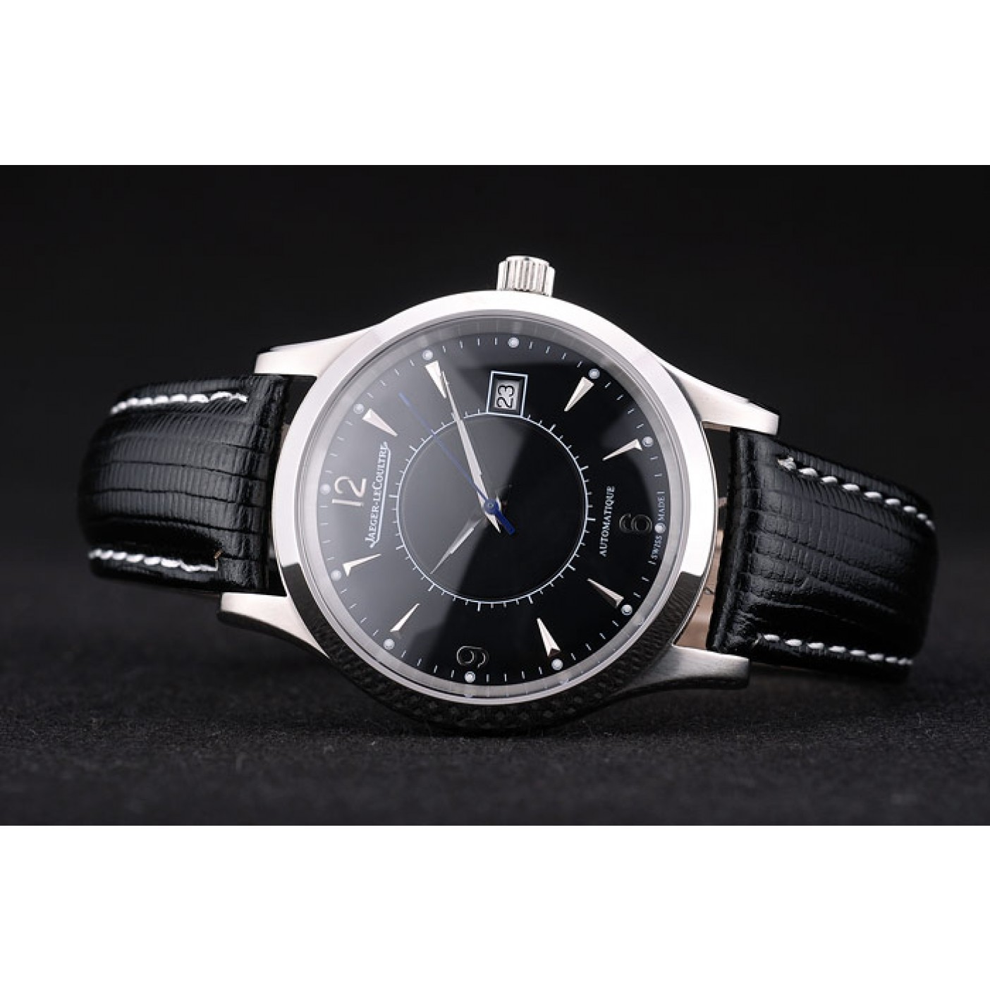 Jaeger Le Coultre Swiss Master Control Stainless Steel Bezel Black Leather Strap 7593