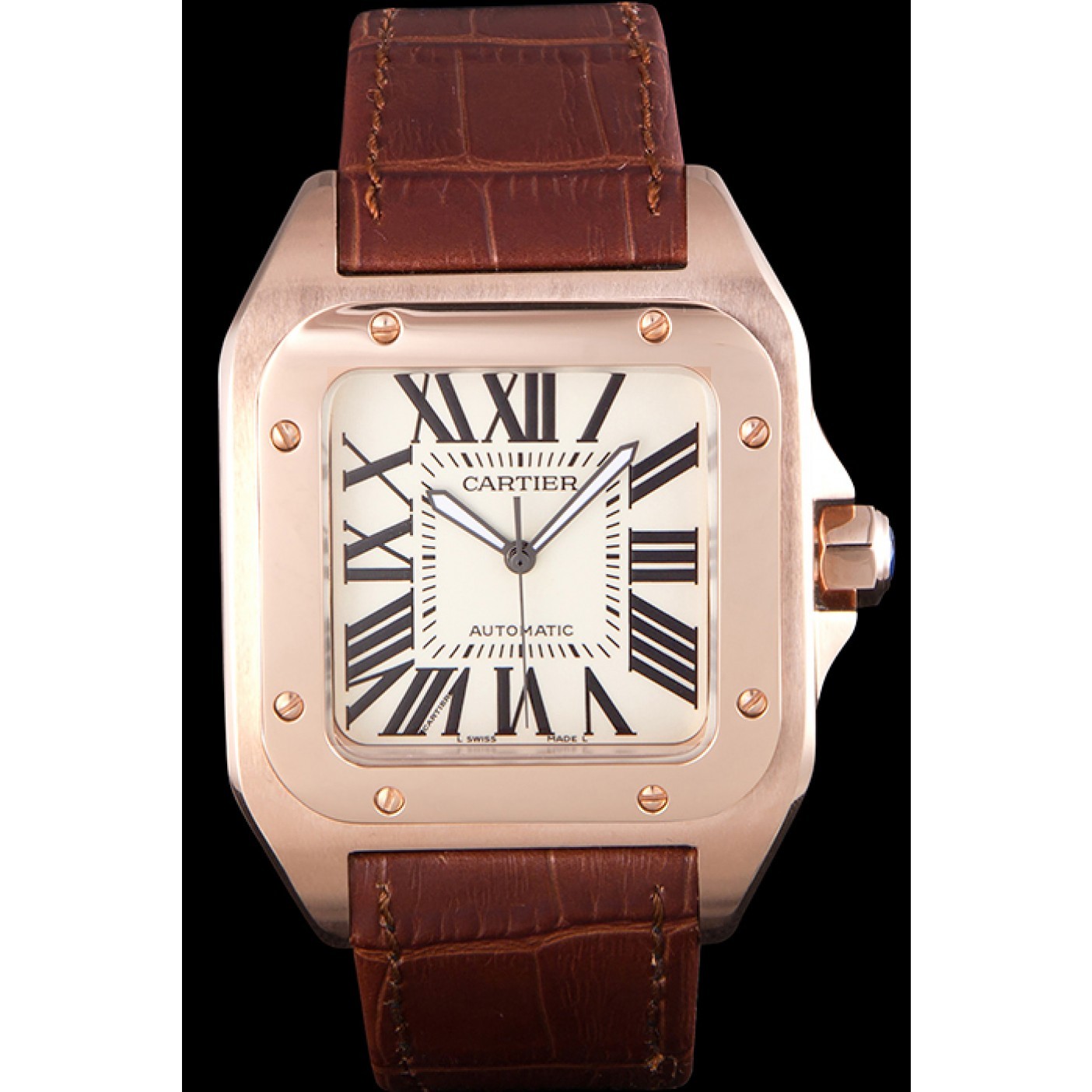 Swiss Cartier Santos Rose Gold with Brown Leather Strap 621522