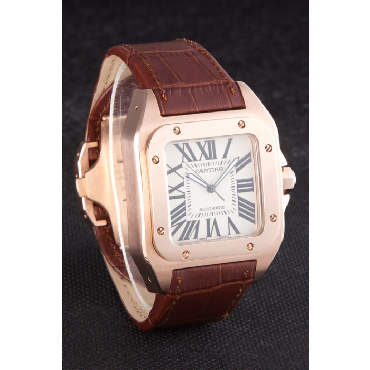 Swiss Cartier Santos Rose Gold with Brown Leather Strap 621522