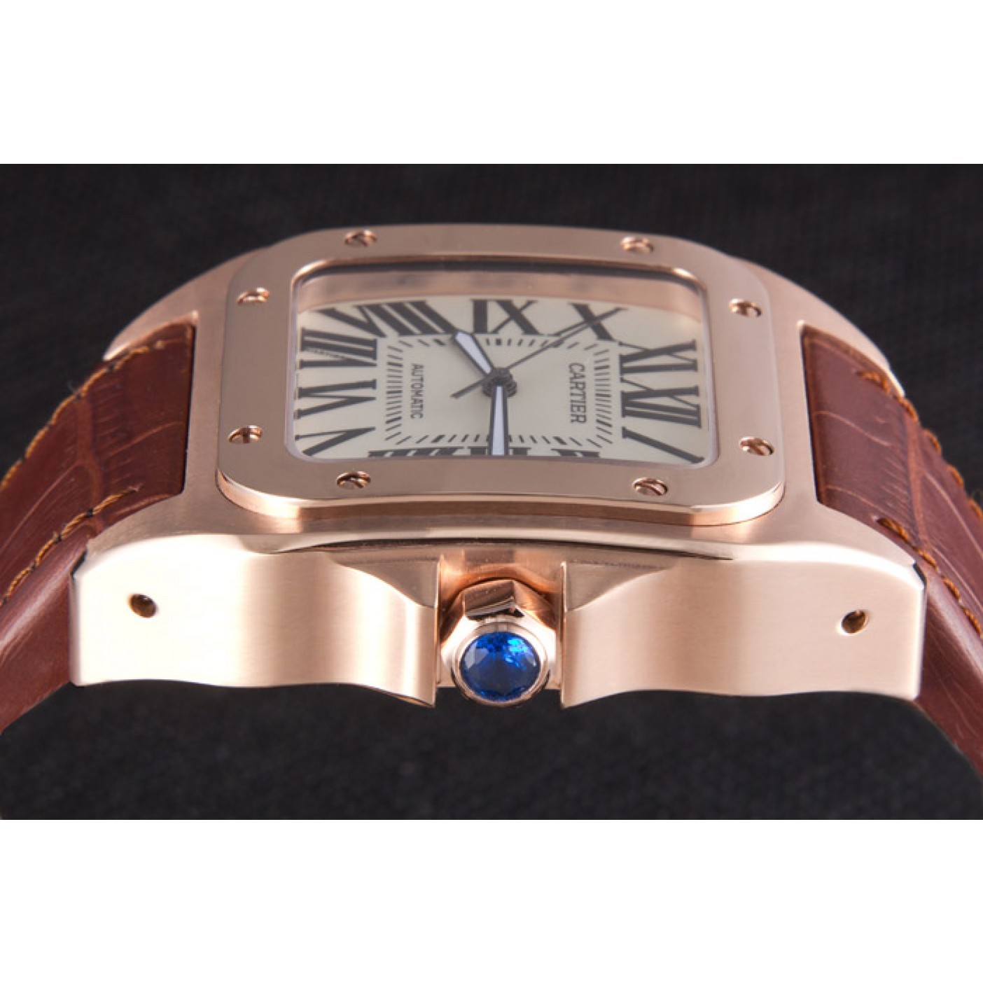 Swiss Cartier Santos Rose Gold with Brown Leather Strap 621522