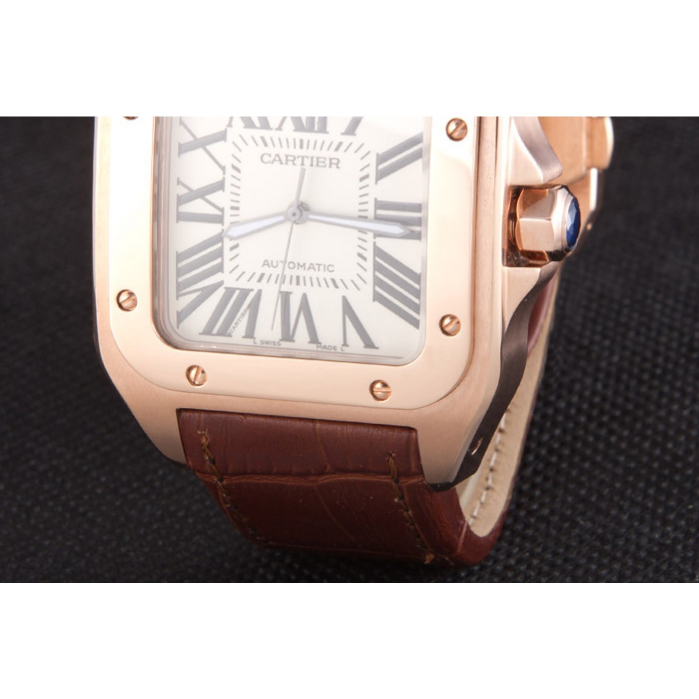 Swiss Cartier Santos Rose Gold with Brown Leather Strap 621522