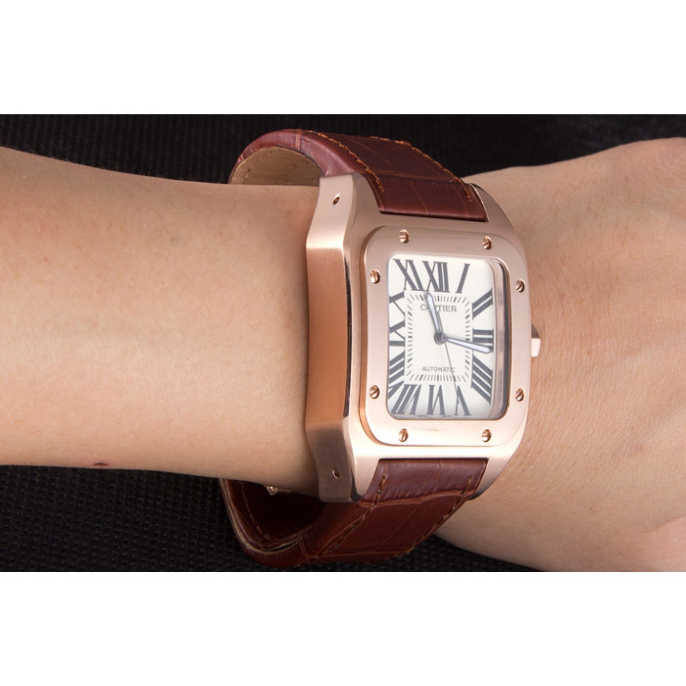 Swiss Cartier Santos Rose Gold with Brown Leather Strap 621522