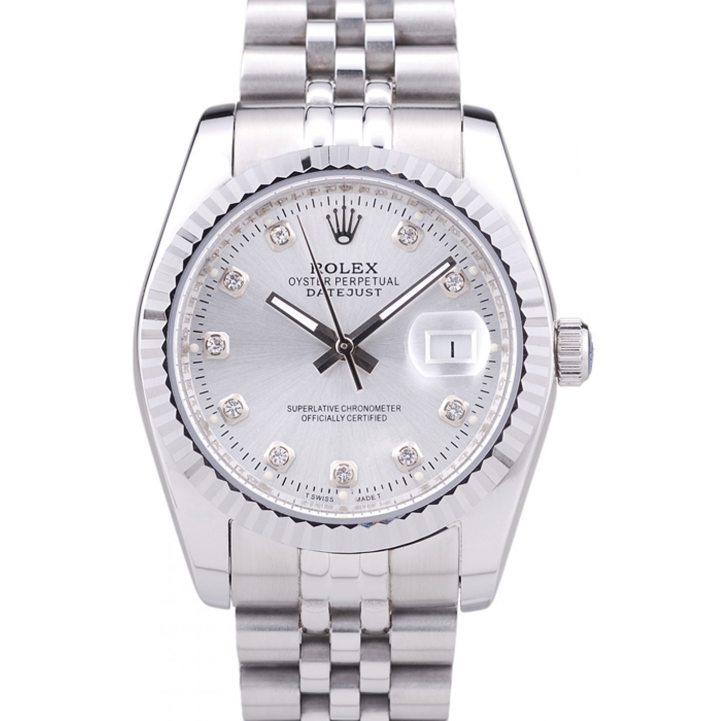 RepTime Watches Rolex Datejust Silver Dial Diamonds Ribbed Bezel 7455