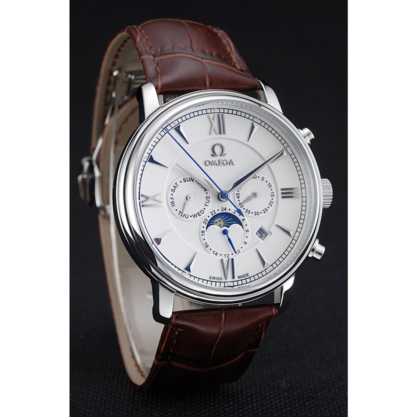 Omega De Ville Moonphase White Dial Silver Case Brown Leather Bracelet 1454226