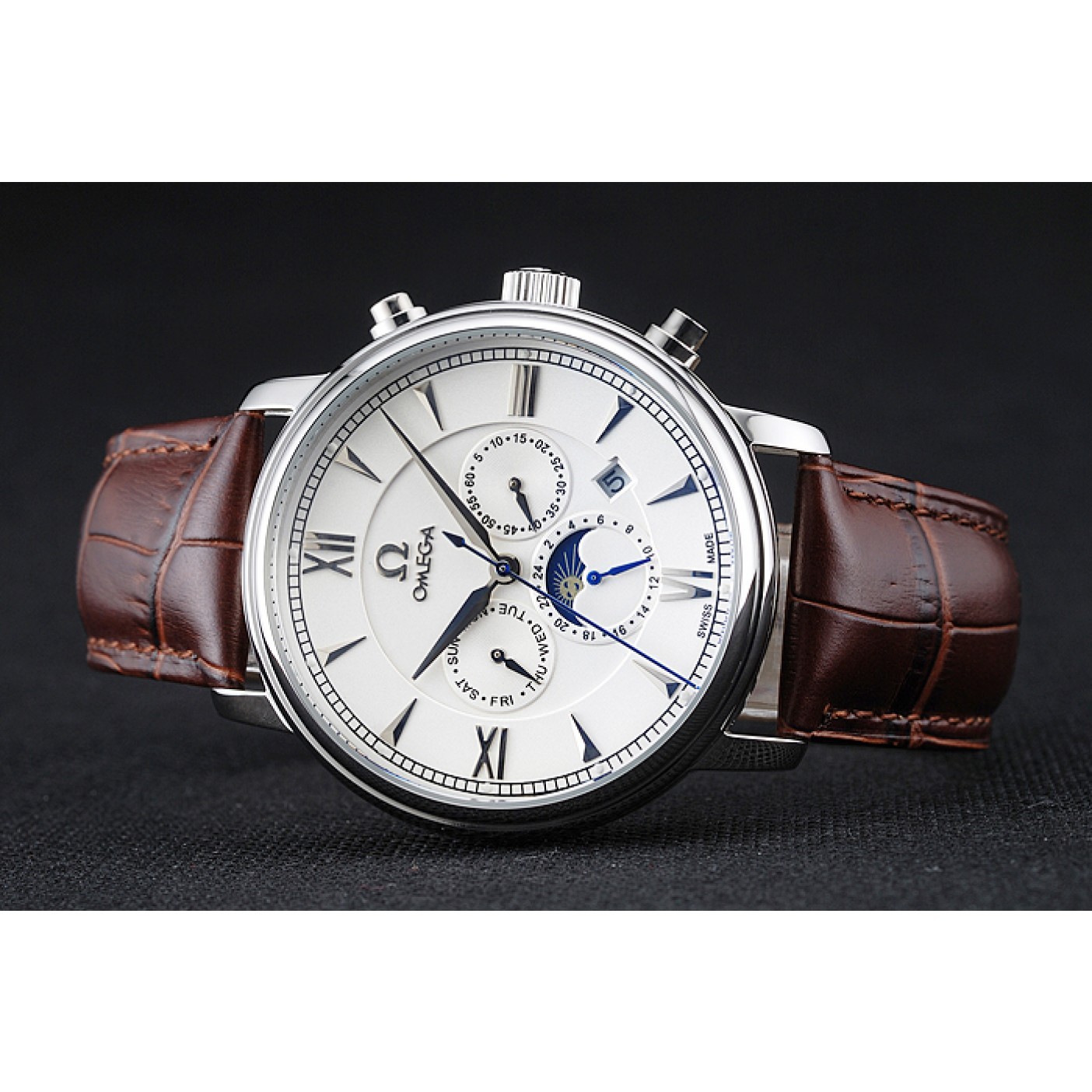 Omega De Ville Moonphase White Dial Silver Case Brown Leather Bracelet 1454226