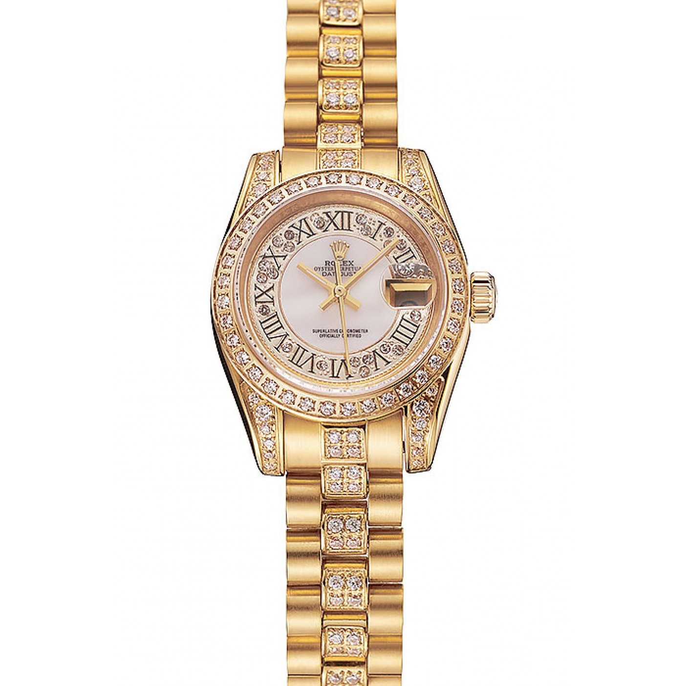 Swiss Rolex DayJust Diamond Pave White Dial Gold Diamond Bracelet 1453957