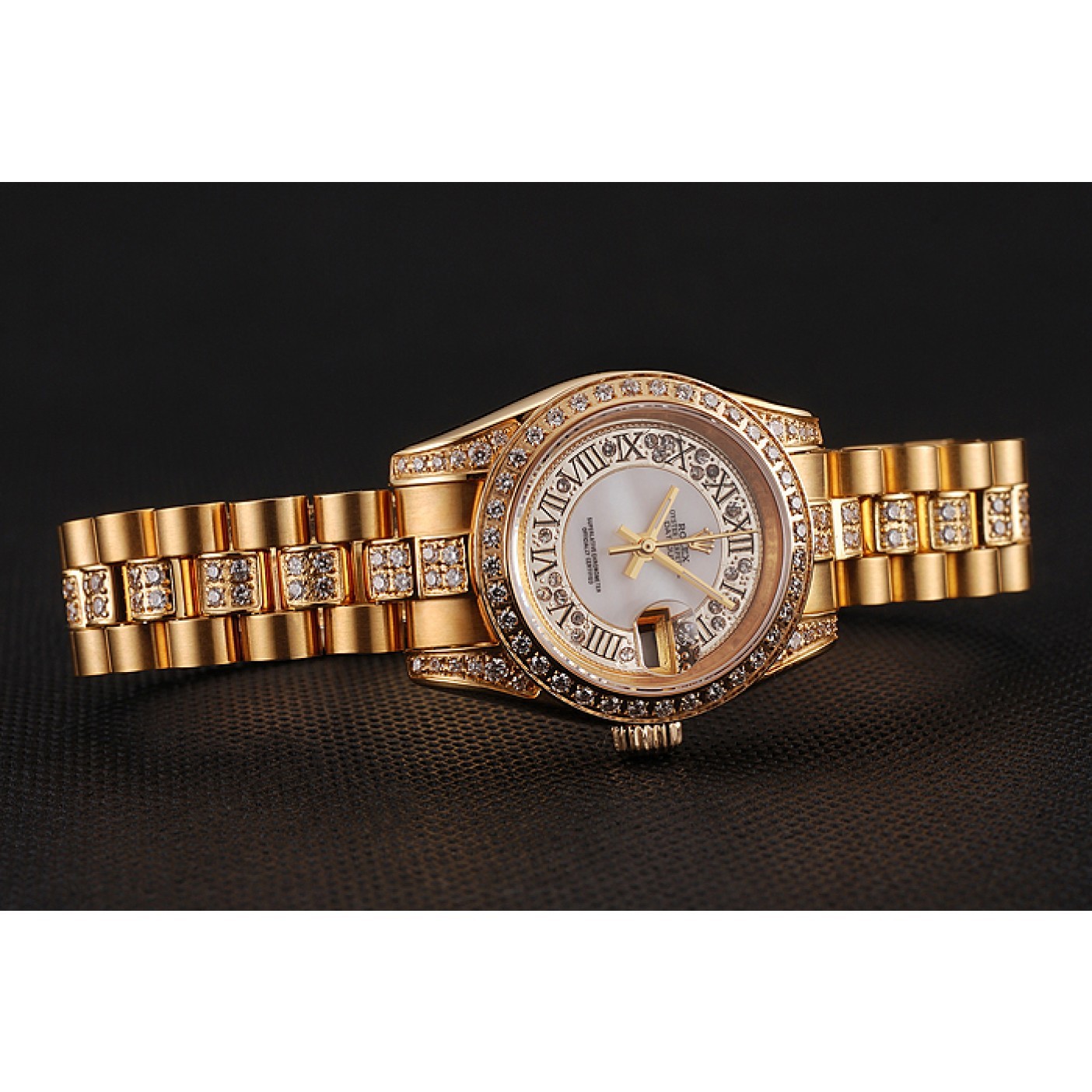 RepTime Watches Swiss Rolex DayJust Diamond Pave White Dial Gold Diamond Bracelet 1453957