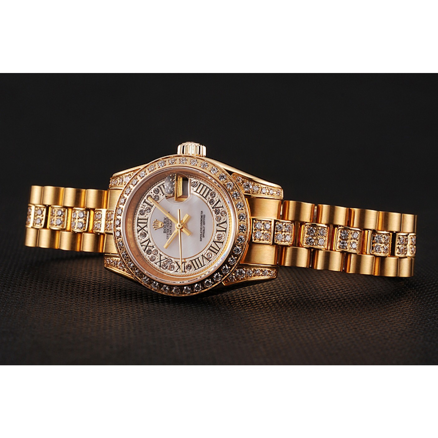 RepTime Watches Swiss Rolex DayJust Diamond Pave White Dial Gold Diamond Bracelet 1453957