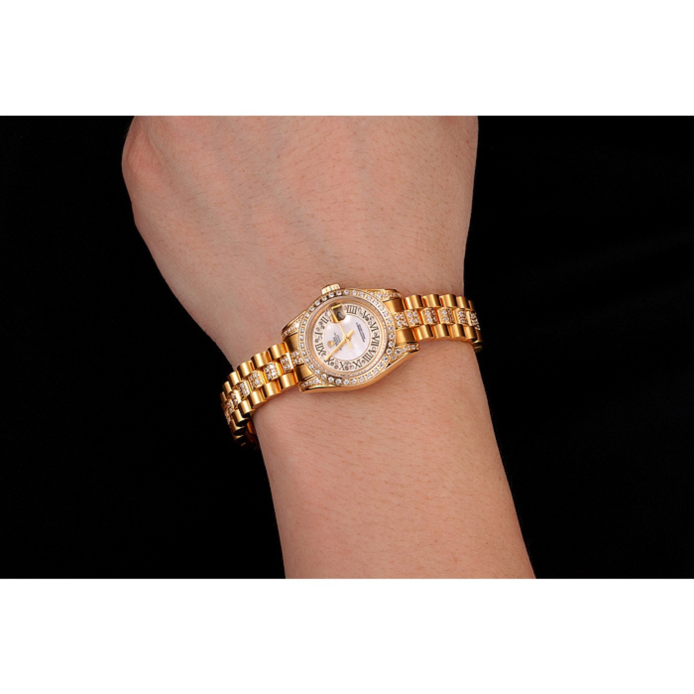 RepTime Watches Swiss Rolex DayJust Diamond Pave White Dial Gold Diamond Bracelet 1453957