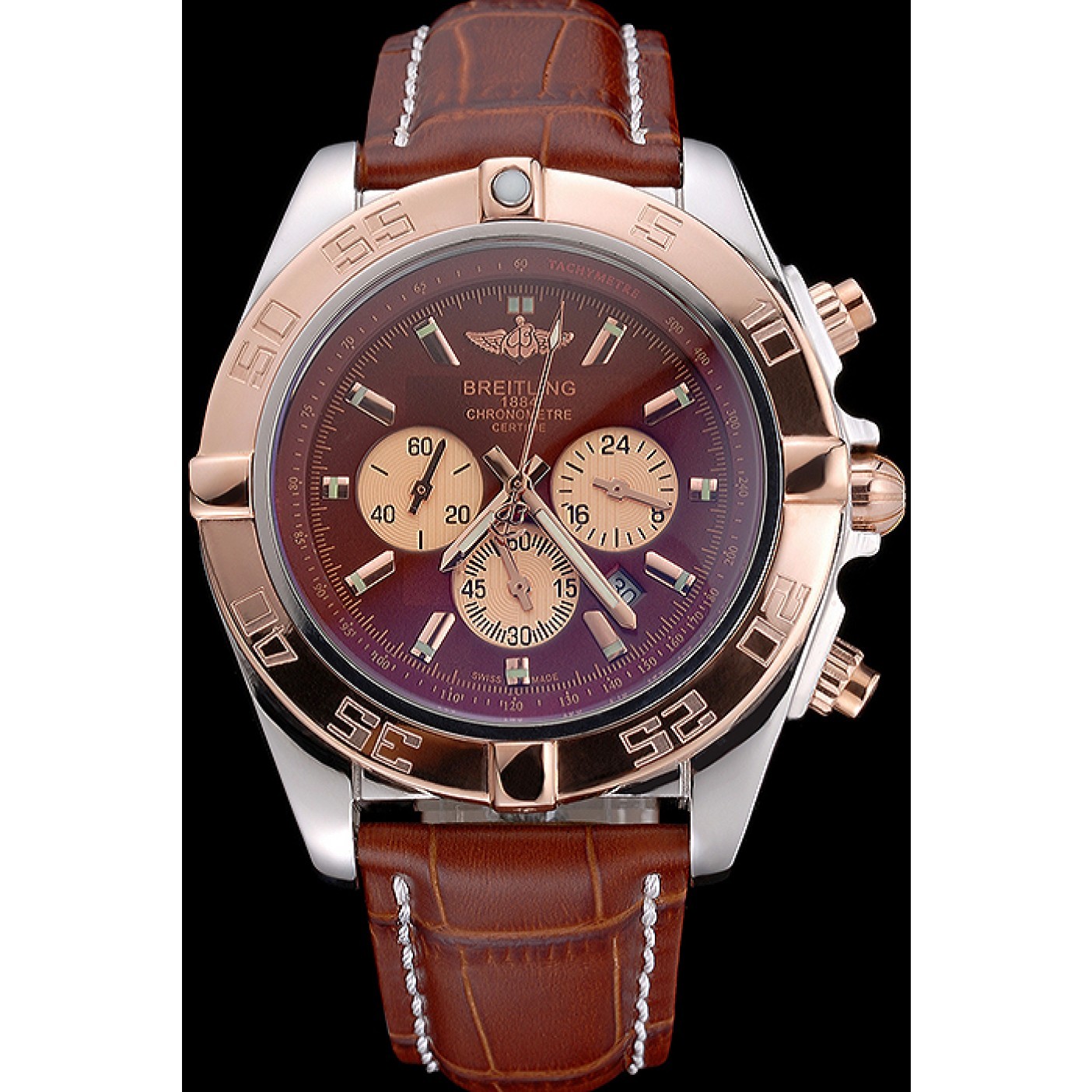 Breitling Chronomat Brown Dial Rose Gold Bezel And Subdials Stainless Steel Case Brown Leather Strap