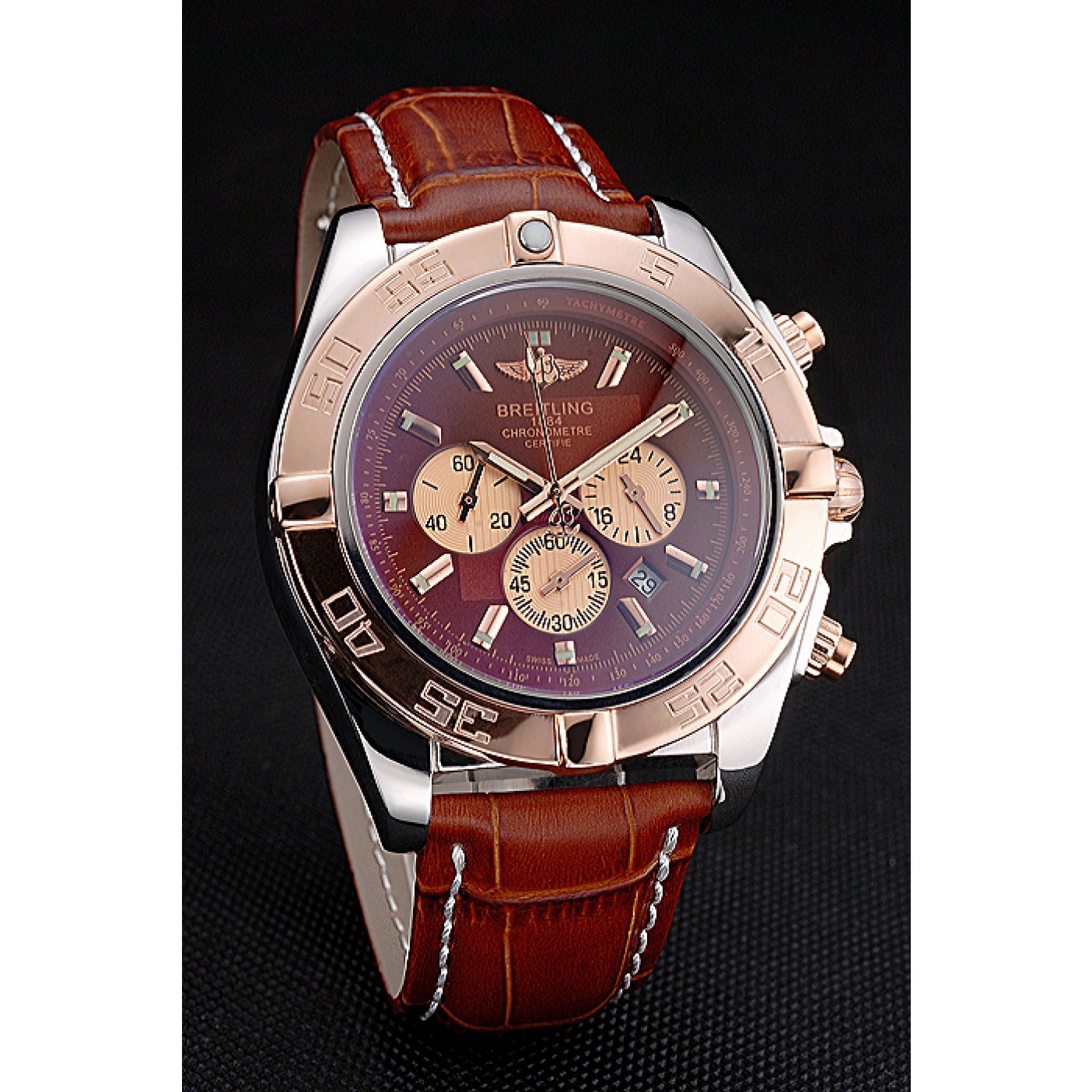 Breitling Chronomat Brown Dial Rose Gold Bezel And Subdials Stainless Steel Case Brown Leather Strap