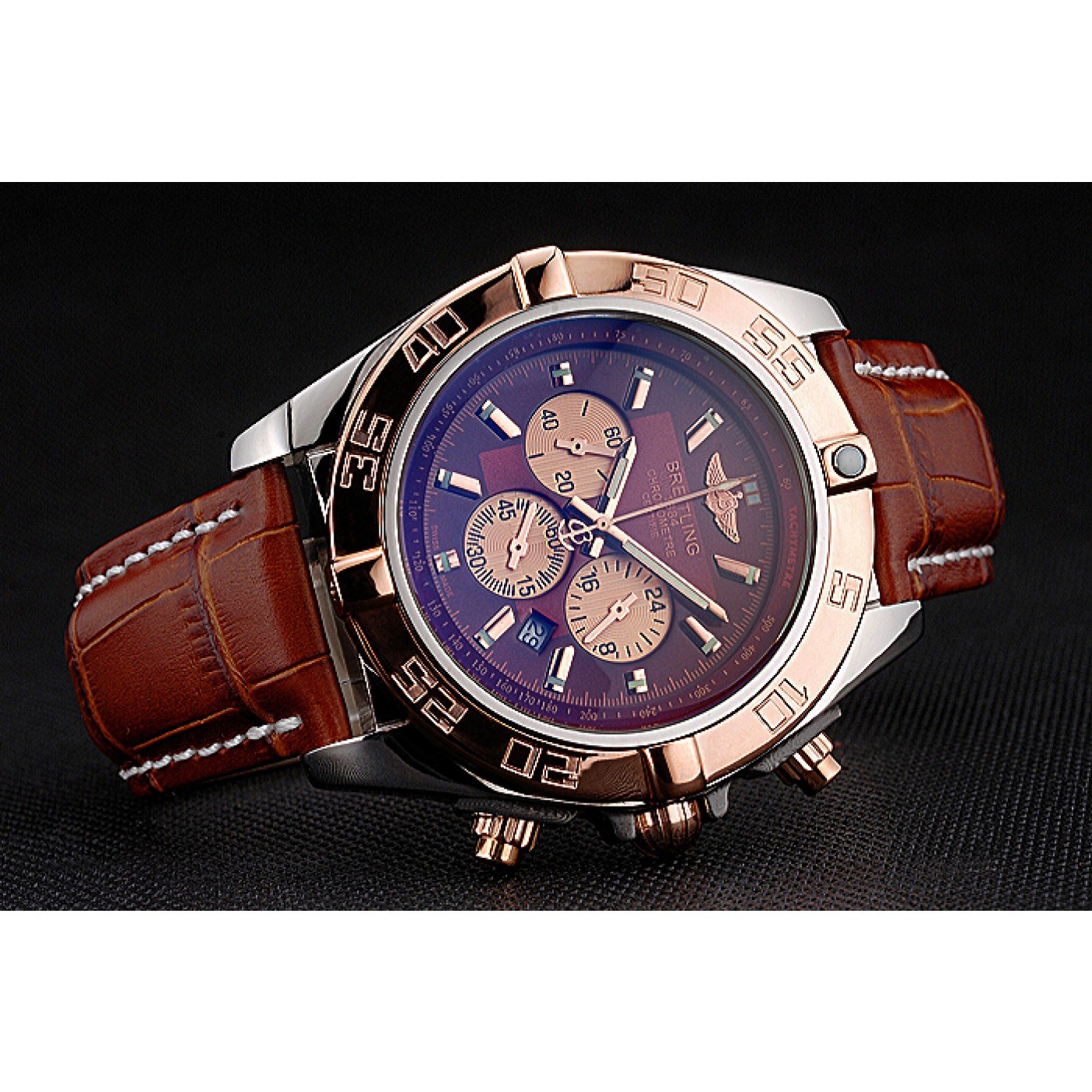 Breitling Chronomat Brown Dial Rose Gold Bezel And Subdials Stainless Steel Case Brown Leather Strap