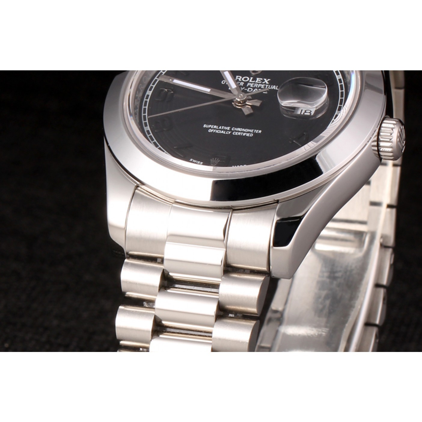 RepTime Watches Swiss Rolex Daydate Stainless Steel Bracelet Black Dial 80294