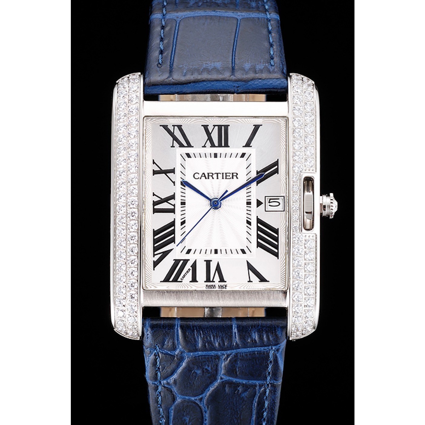 Cartier Tank Anglaise 36mm White Dial Diamonds Steel Case Blue Leather Bracelet