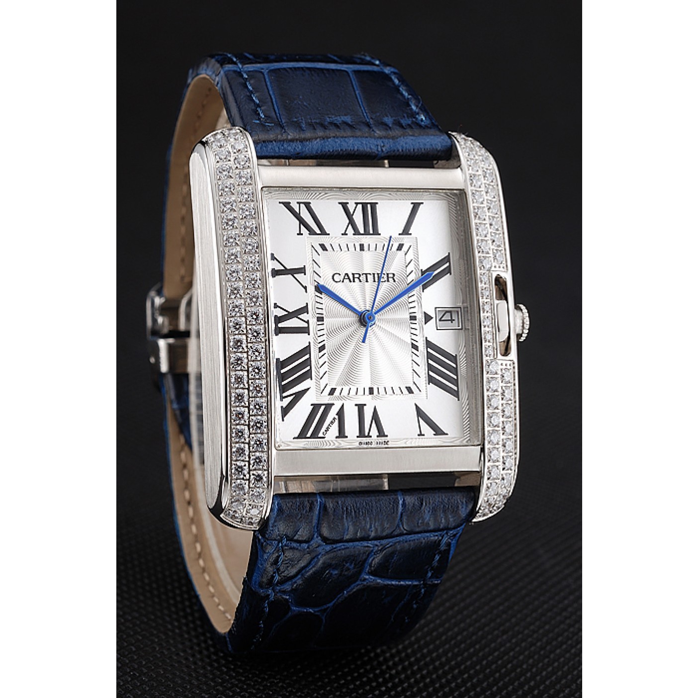 Cartier Tank Anglaise 36mm White Dial Diamonds Steel Case Blue Leather Bracelet