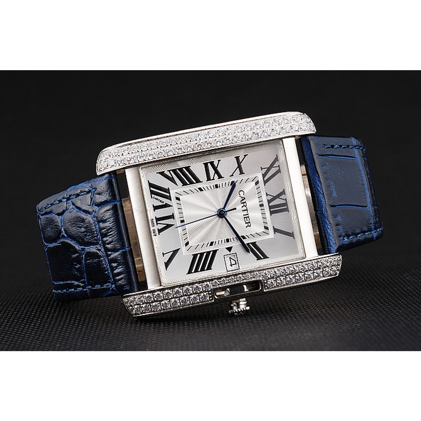 Cartier Tank Anglaise 36mm White Dial Diamonds Steel Case Blue Leather Bracelet