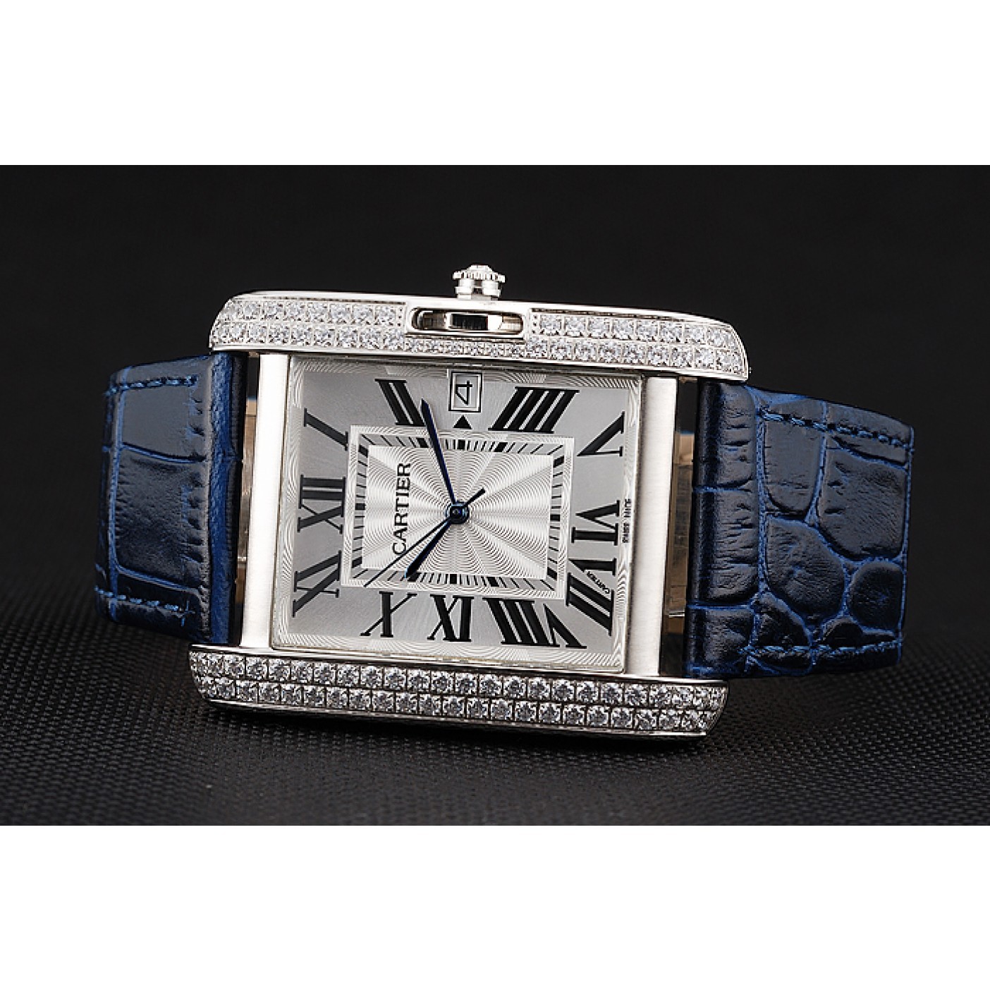 Cartier Tank Anglaise 36mm White Dial Diamonds Steel Case Blue Leather Bracelet