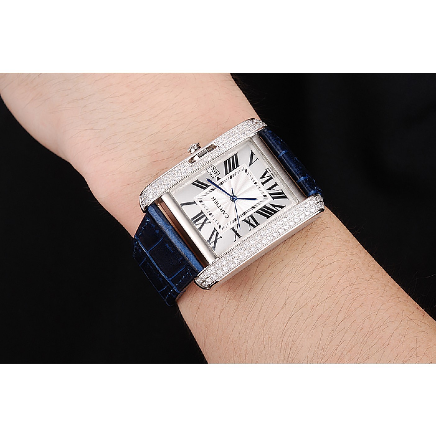 Cartier Tank Anglaise 36mm White Dial Diamonds Steel Case Blue Leather Bracelet