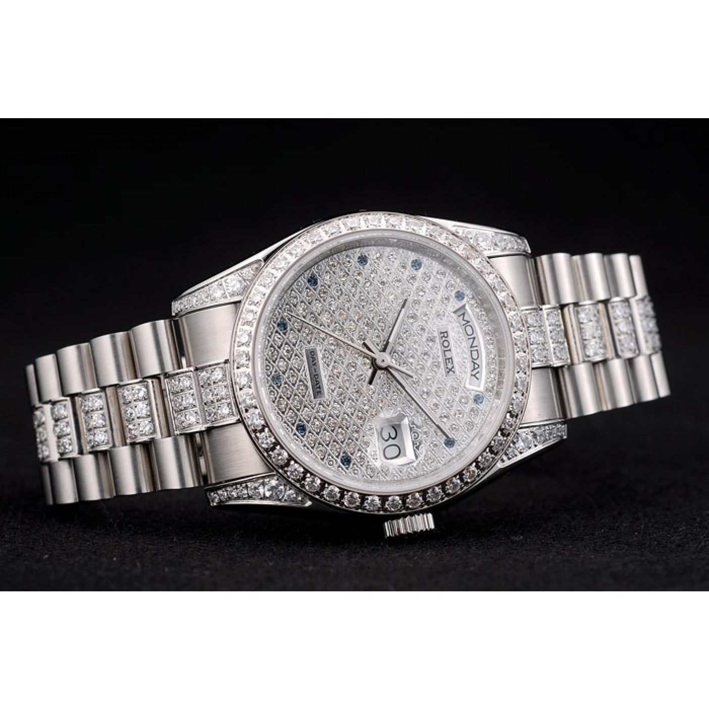 RepTime Watches Rolex DayDate Diamond Plated Stainless Steel Bracelet Diamond Plated Dial 41986