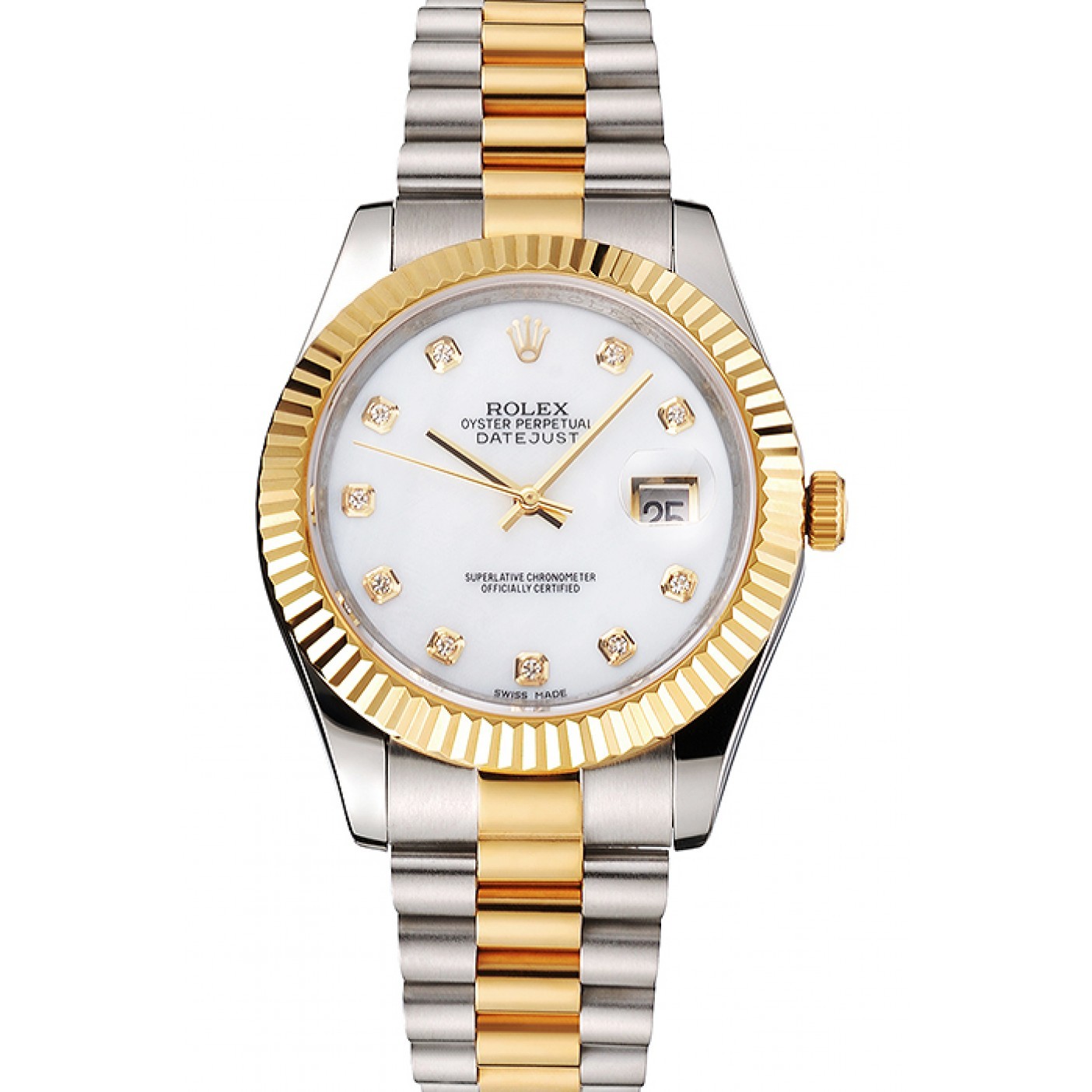 RepTime Watches Swiss Rolex Datejust White Dial Diamond Hour Marks Gold Bezel Stainless Steel Case Two Tone Bracelet