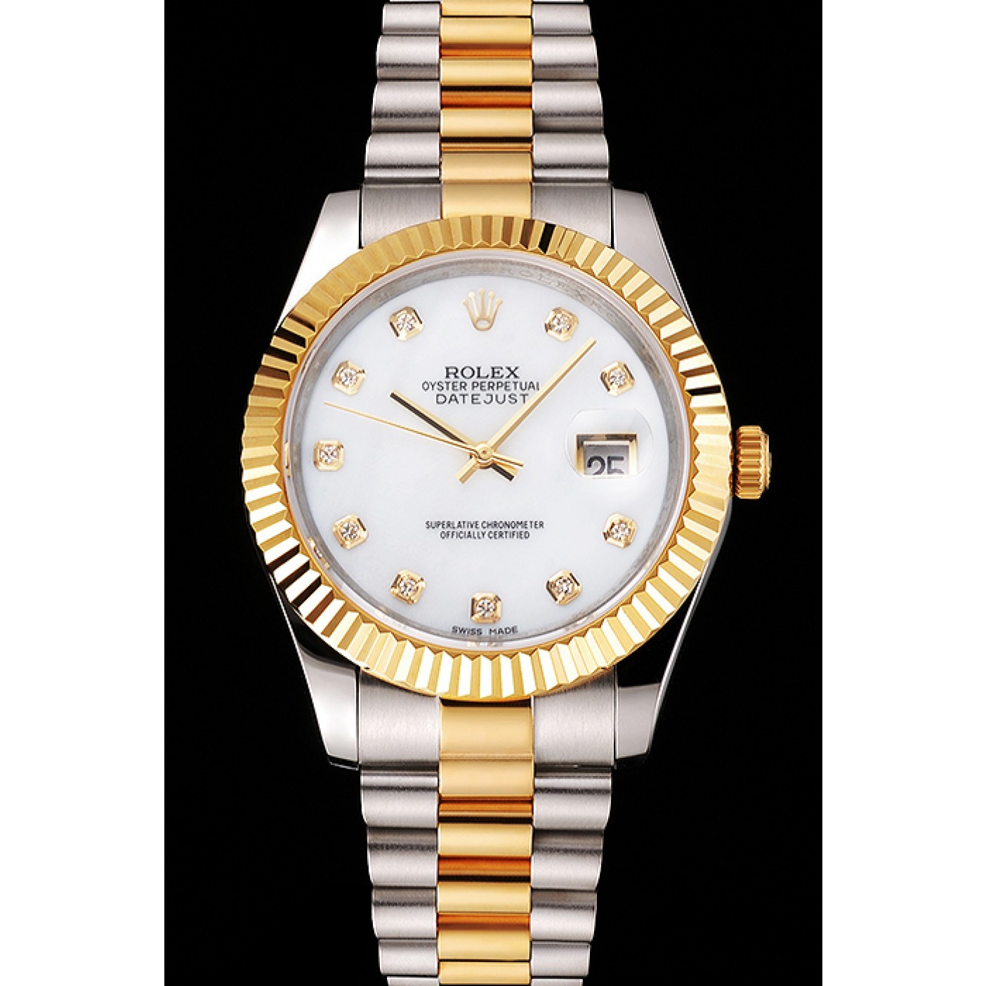 RepTime Watches Swiss Rolex Datejust White Dial Diamond Hour Marks Gold Bezel Stainless Steel Case Two Tone Bracelet