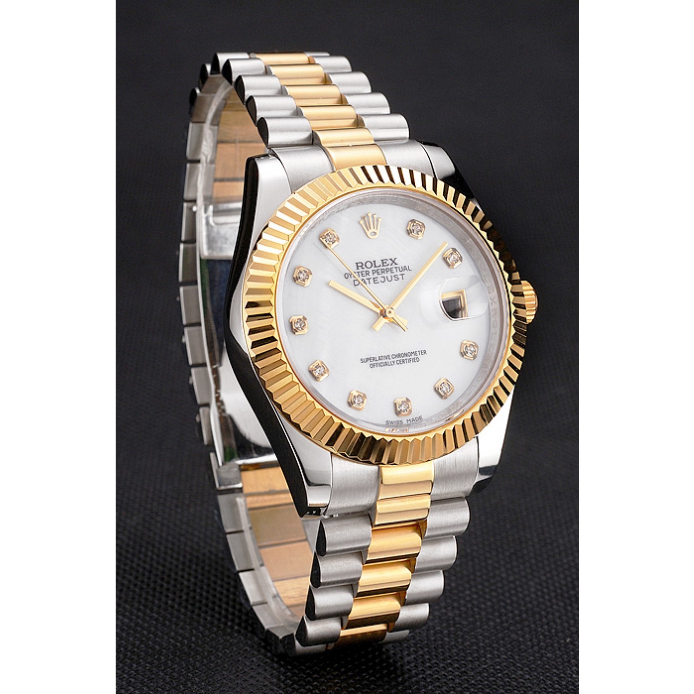 RepTime Watches Swiss Rolex Datejust White Dial Diamond Hour Marks Gold Bezel Stainless Steel Case Two Tone Bracelet