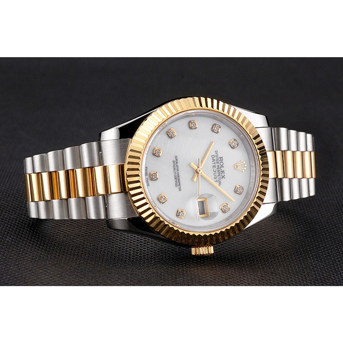 Swiss Rolex Datejust White Dial Diamond Hour Marks Gold Bezel Stainless Steel Case Two Tone Bracelet