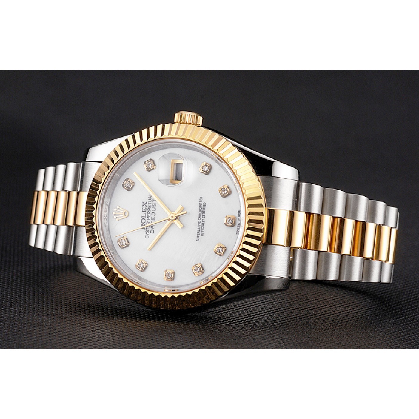 RepTime Watches Swiss Rolex Datejust White Dial Diamond Hour Marks Gold Bezel Stainless Steel Case Two Tone Bracelet