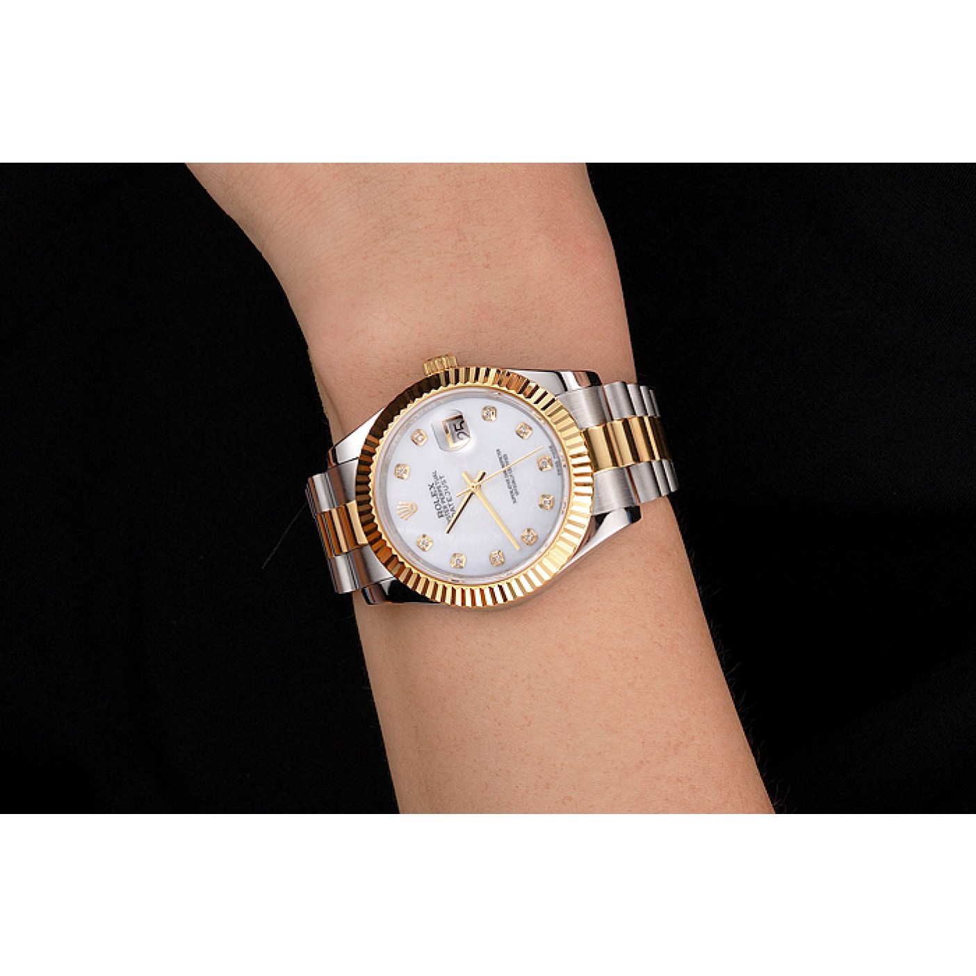 Swiss Rolex Datejust White Dial Diamond Hour Marks Gold Bezel Stainless Steel Case Two Tone Bracelet