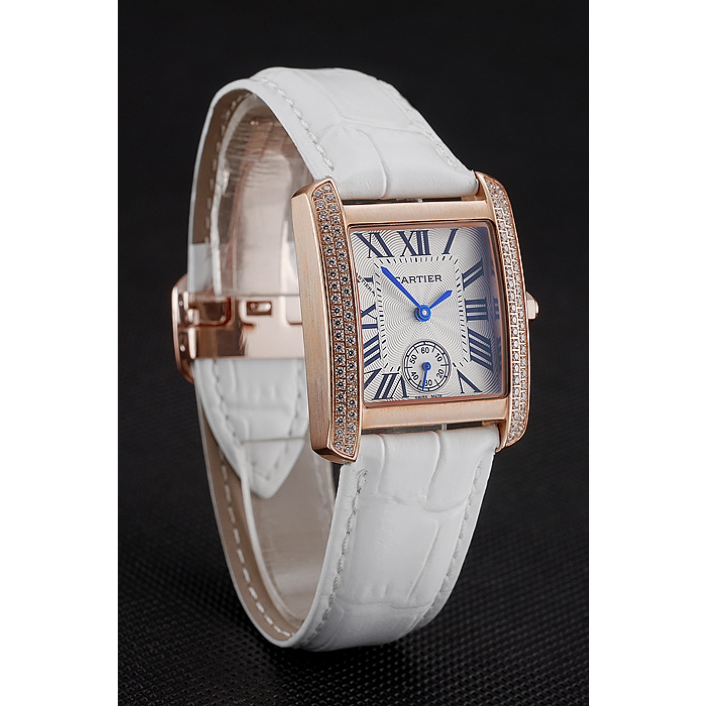 Cartier Tank MC Gold Diamond Case White Dial White Leather Strap 622169