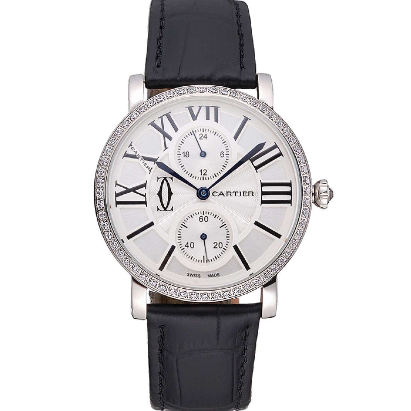 Cartier Ronde Second Time Zone White Dial Stainless Steel Case With Diamonds Black Leather Strap 622804