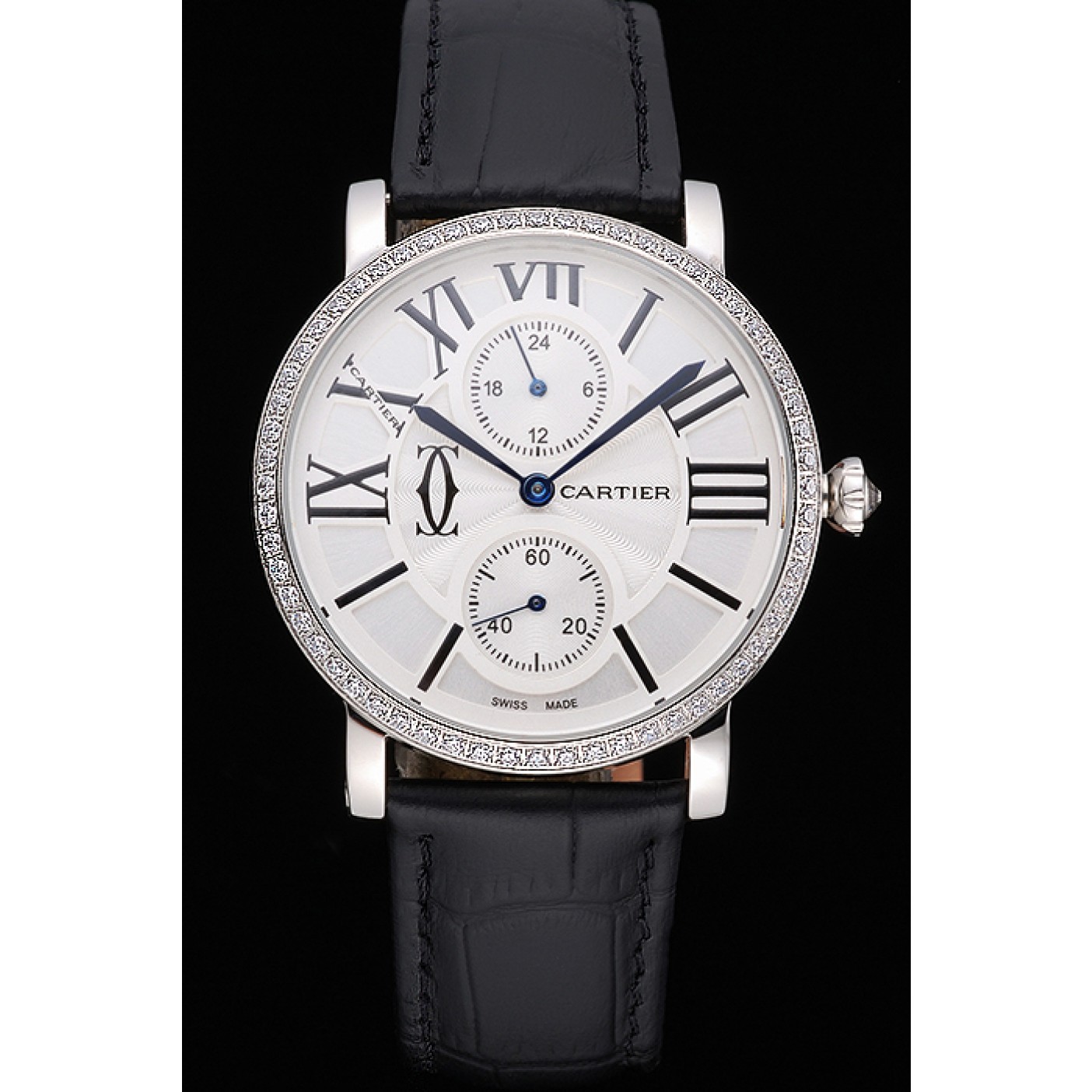 Cartier Ronde Second Time Zone White Dial Stainless Steel Case With Diamonds Black Leather Strap 622804