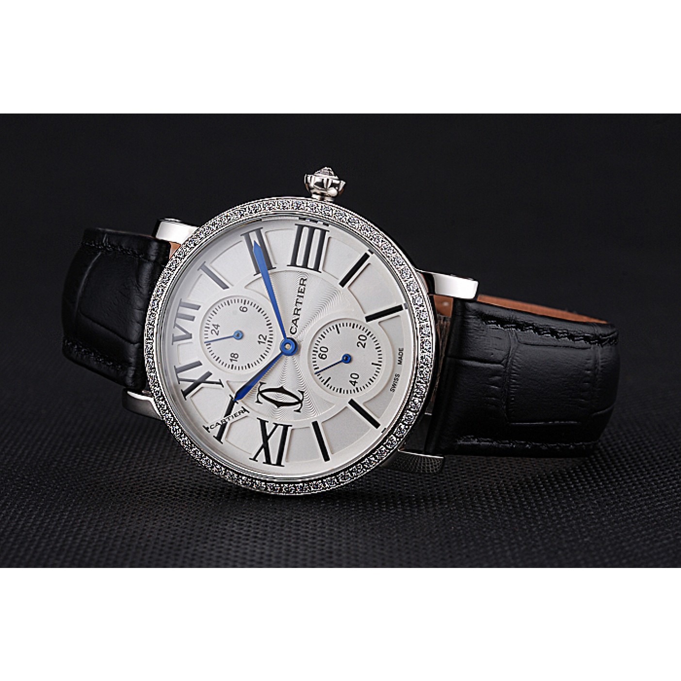 Cartier Ronde Second Time Zone White Dial Stainless Steel Case With Diamonds Black Leather Strap 622804